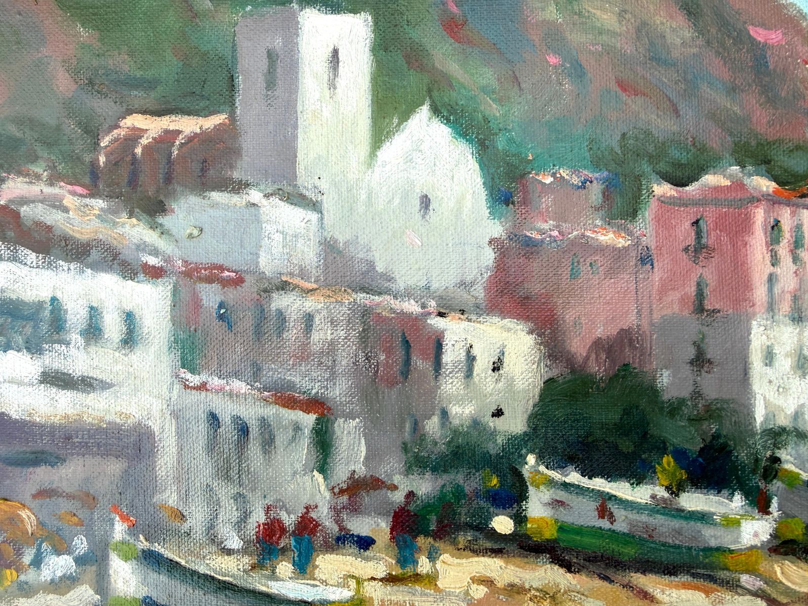 Lazarotti Impressionist Impressionist Mediterranean Harbor Painting Port De La Selva Costa Brava Fishing Boats Oil Canvas 1980 photo Art