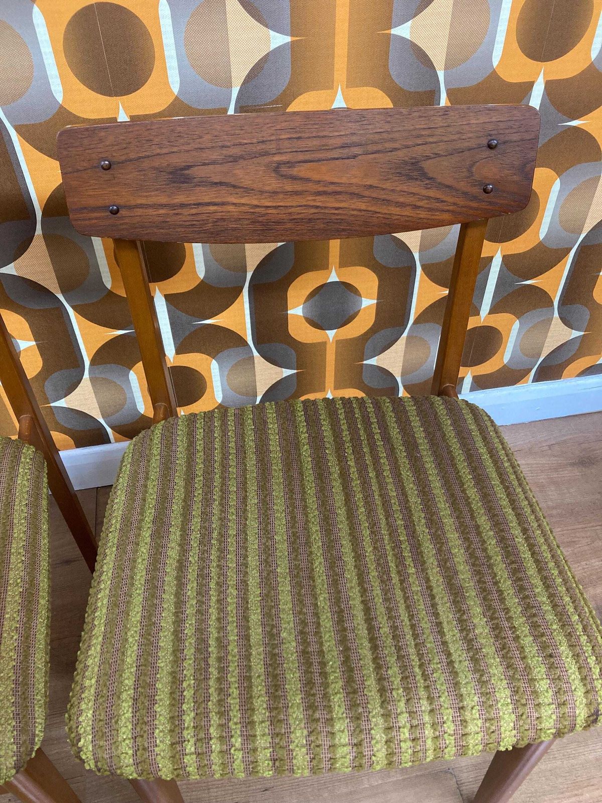 Pair Of Vintage Mid Century Teak Dining Chairs With Original Upholstery Cleaned, New Foam Added, Circa 1960s photo buy