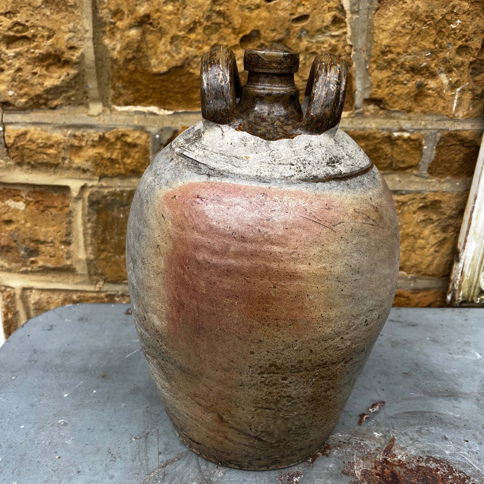 Antique French Rustic Stoneware Double Handed Jug With Narrow Neck