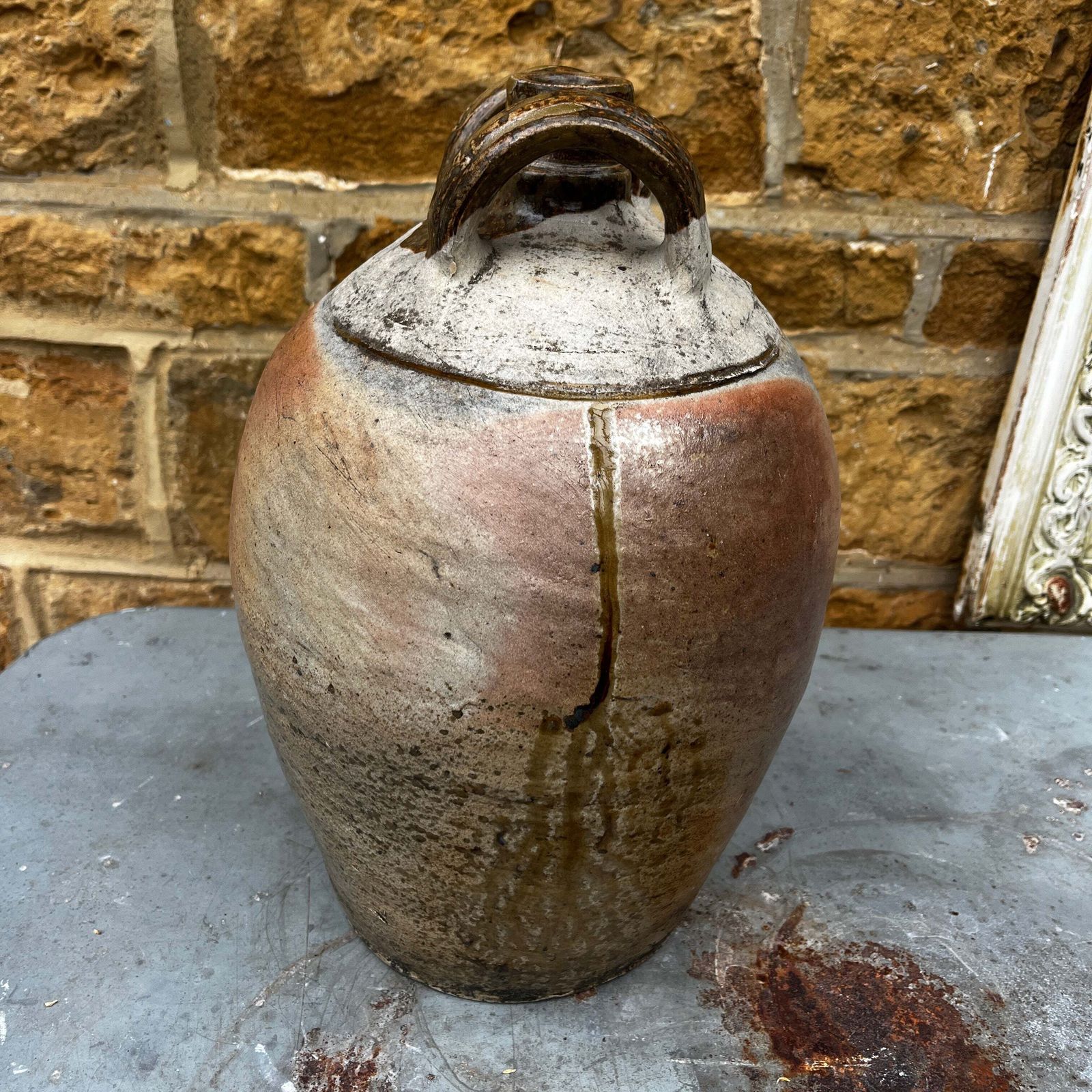 Antique French Rustic Stoneware Double Handed Jug With Narrow Neck photo Home Decor