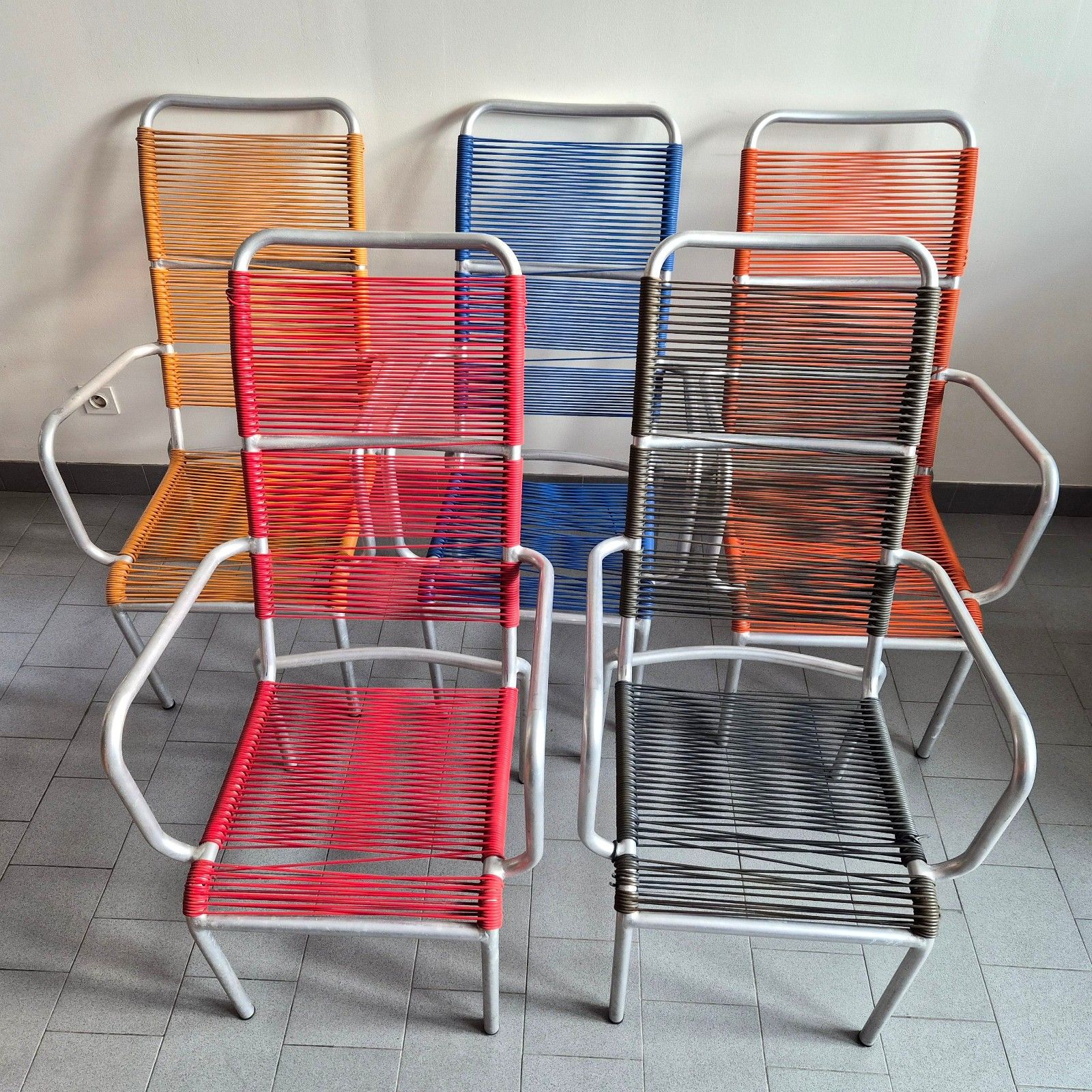 Vintage 1950s Scoubidou Aluminium & Plastic Wire 50s Suite Of 5 Armchairs