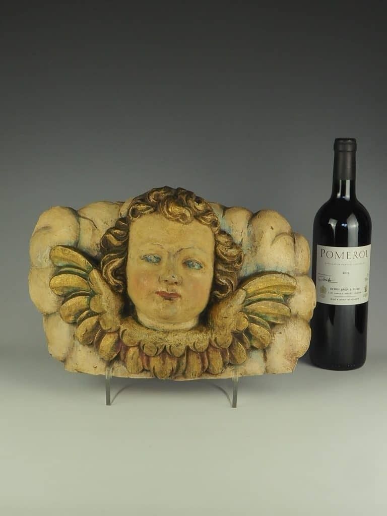 18th Century Carved Wood Panel – Polychrome Head Of Cherub – Putto photo furniture