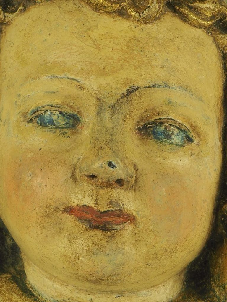 18th Century Carved Wood Panel – Polychrome Head Of Cherub – Putto photo vinterior