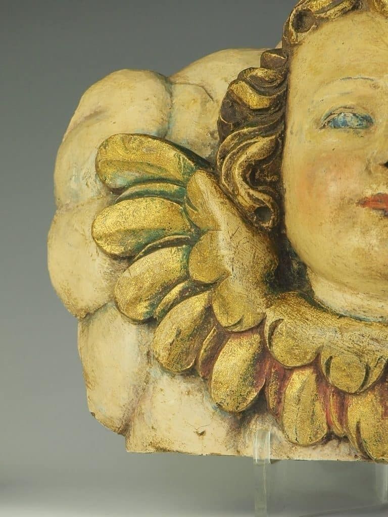 18th Century Carved Wood Panel – Polychrome Head Of Cherub – Putto photo vintage