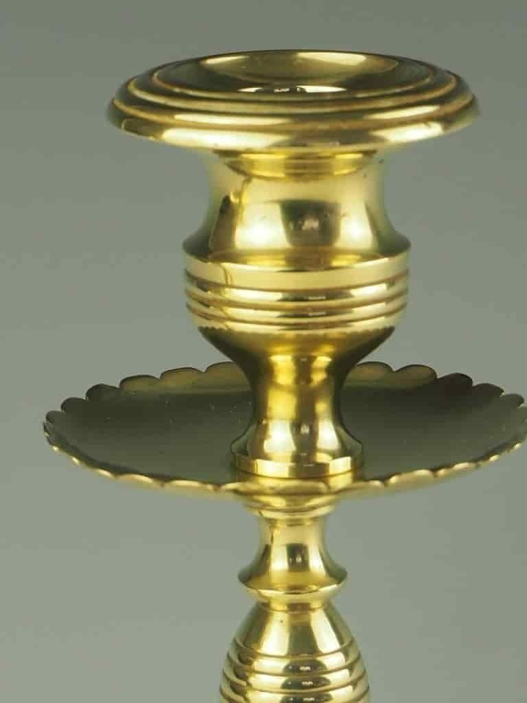 photo for sale Pair Of Regency Beehive Brass And Oak Candle Holders