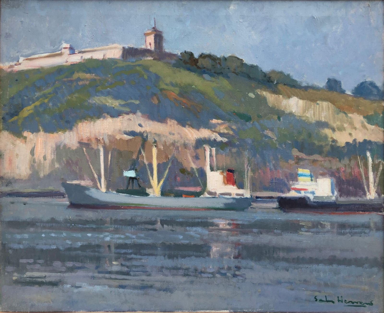 Antonio Sala Herrero – Zicht Op Montjuïc, Barcelona, Spanje – Olieverf Op Doek, Zeegezicht, Ca. 1975