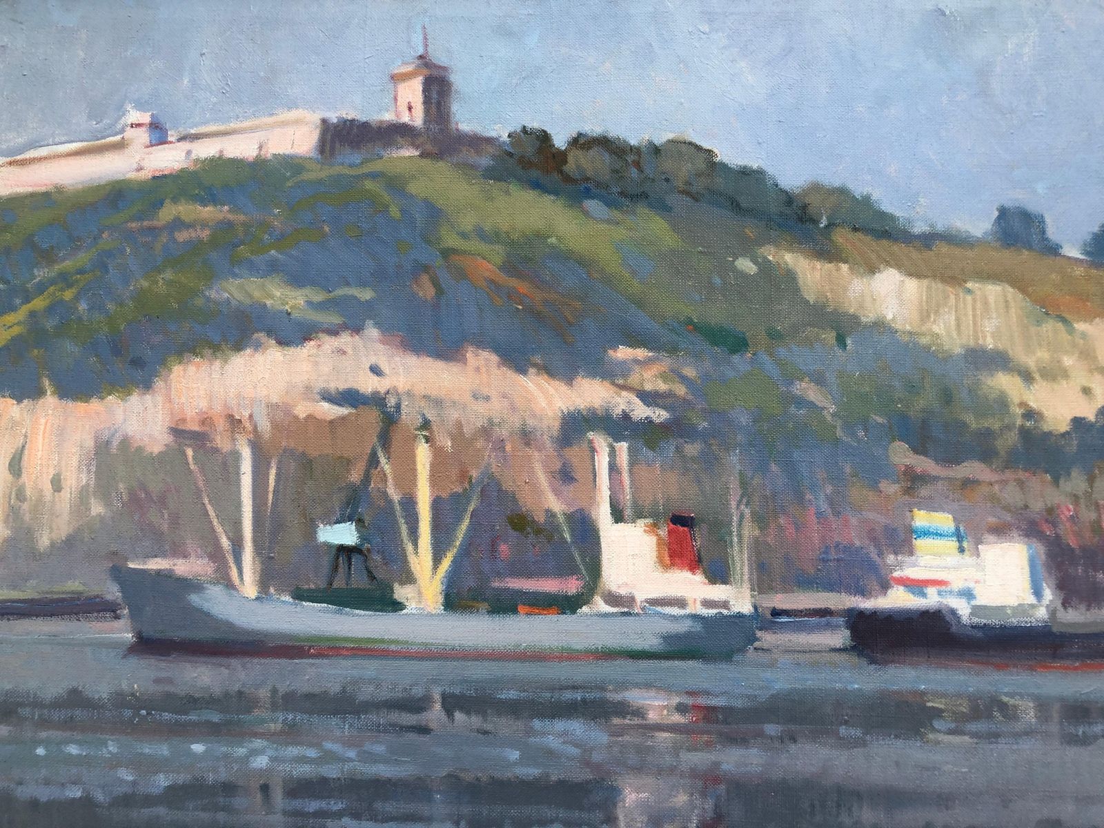 Antonio Sala Herrero View Of Montjuïc, Barcelona, ​​Spain, Oil On Canvas, Seascape Painting C.1975 photo buy