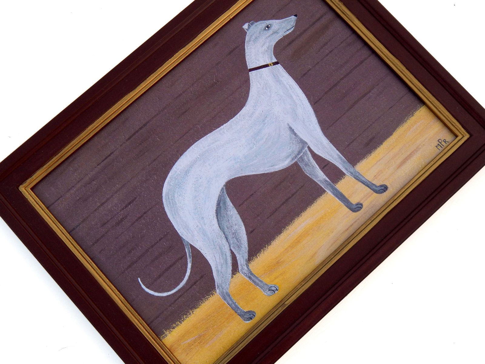 Naive Greyhound Folk Art Dog Print In Hand Painted Antique Style Frame By Matt Rix photo furniture