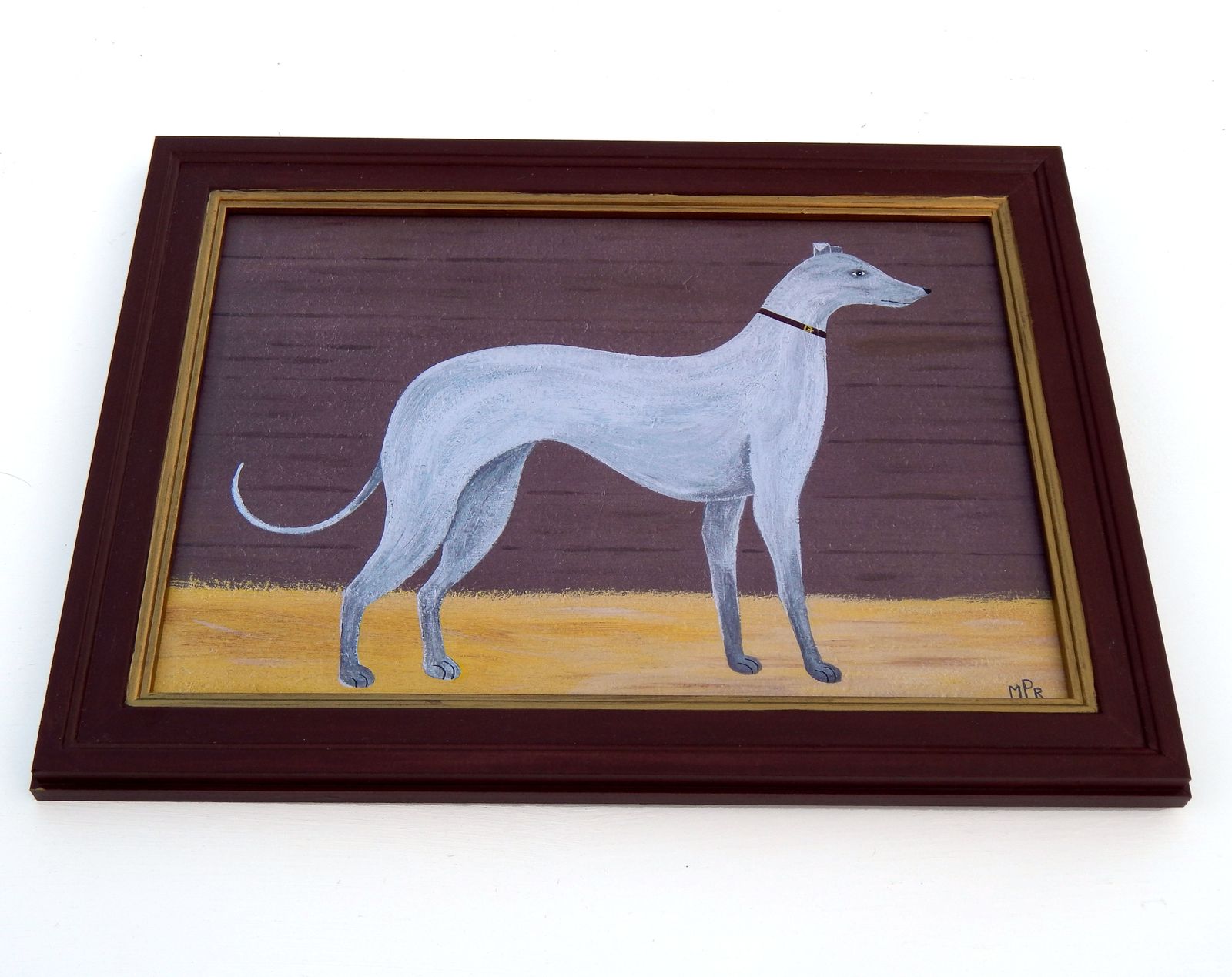 Naive Greyhound Folk Art Dog Print In Hand Painted Antique Style Frame By Matt Rix photo vinterior