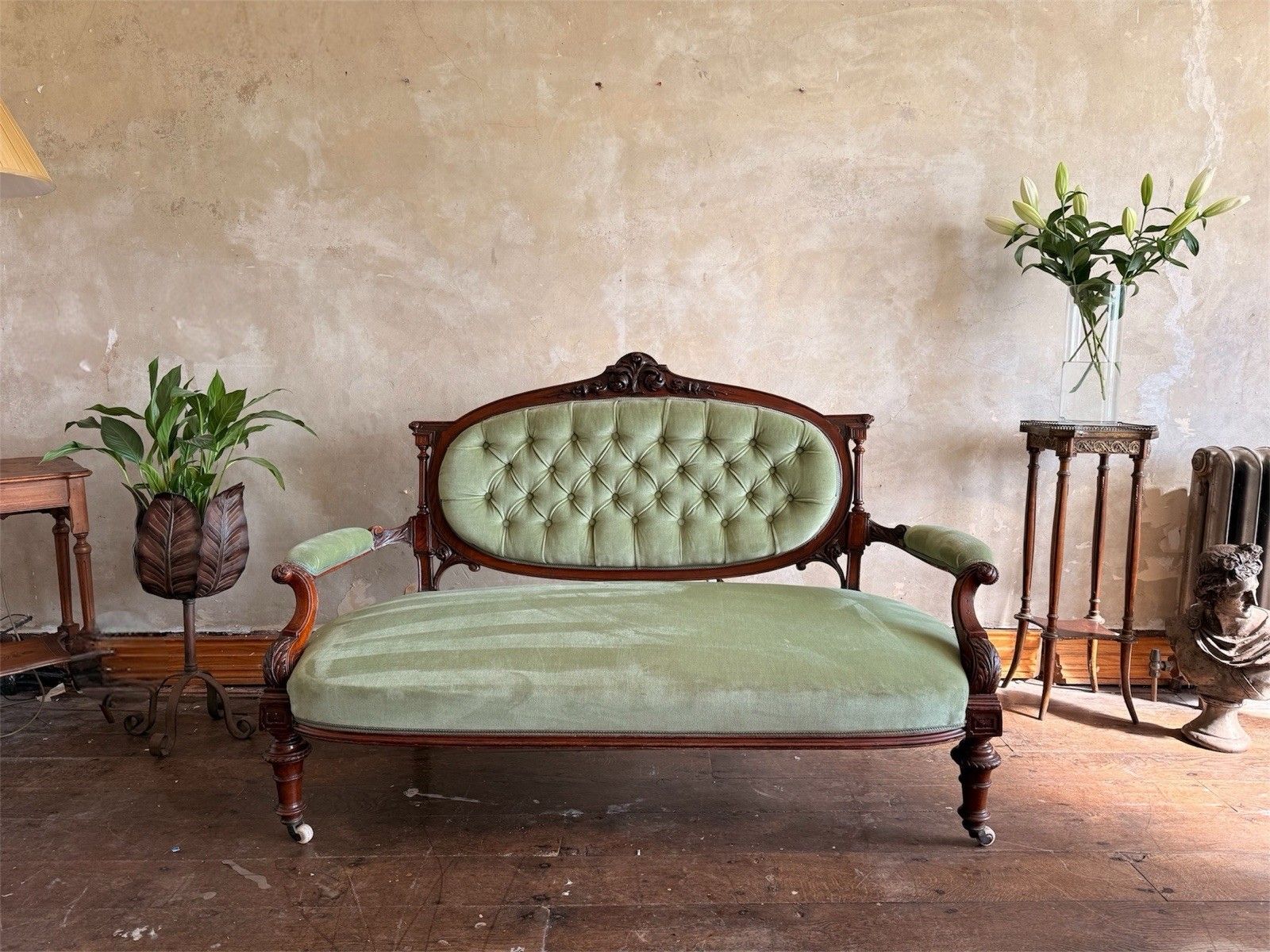 Original Antique Carved Pastashio Green Chaise Longue Salon Sofa England 1880 C