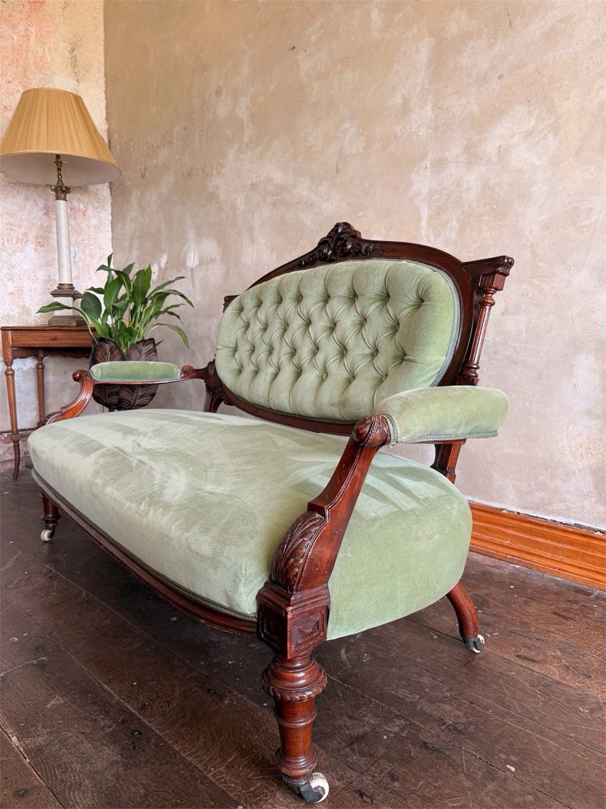photo furniture Original Antique Carved Pastashio Green Chaise Longue Salon Sofa England 1880 C