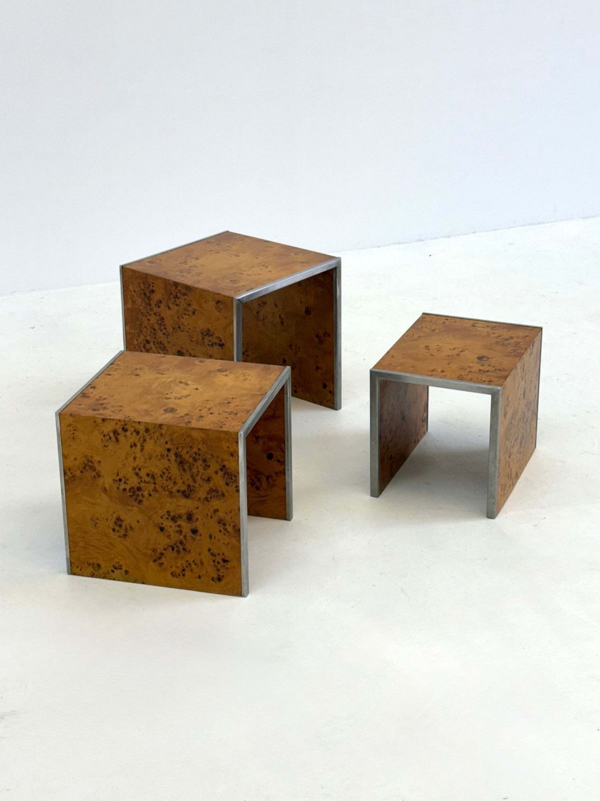 Set Of Three Tommaso Barbi Mid Century Modern Burr Wood Side Tables