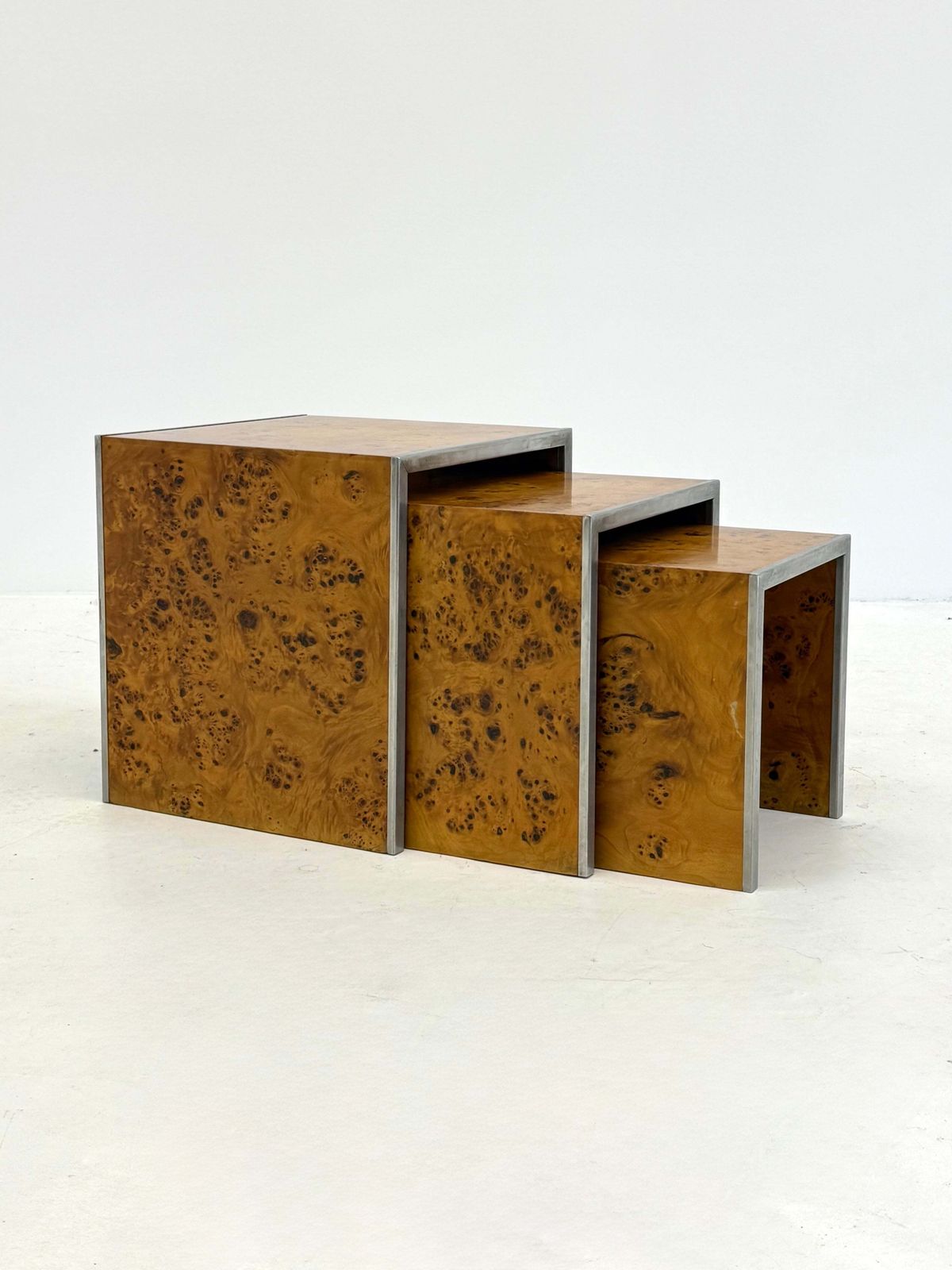 Set Of Three Tommaso Barbi Mid Century Modern Burr Wood Side Tables photo 2200.0
