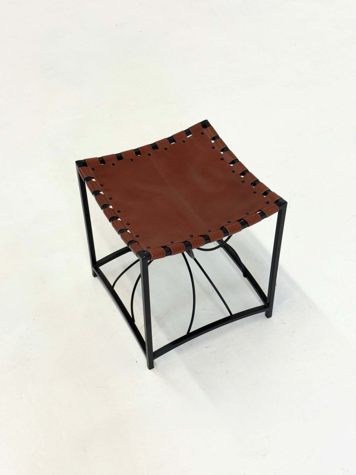 Elegant Vintage French Stool With Black Metal And Brown Leather photo 168.0