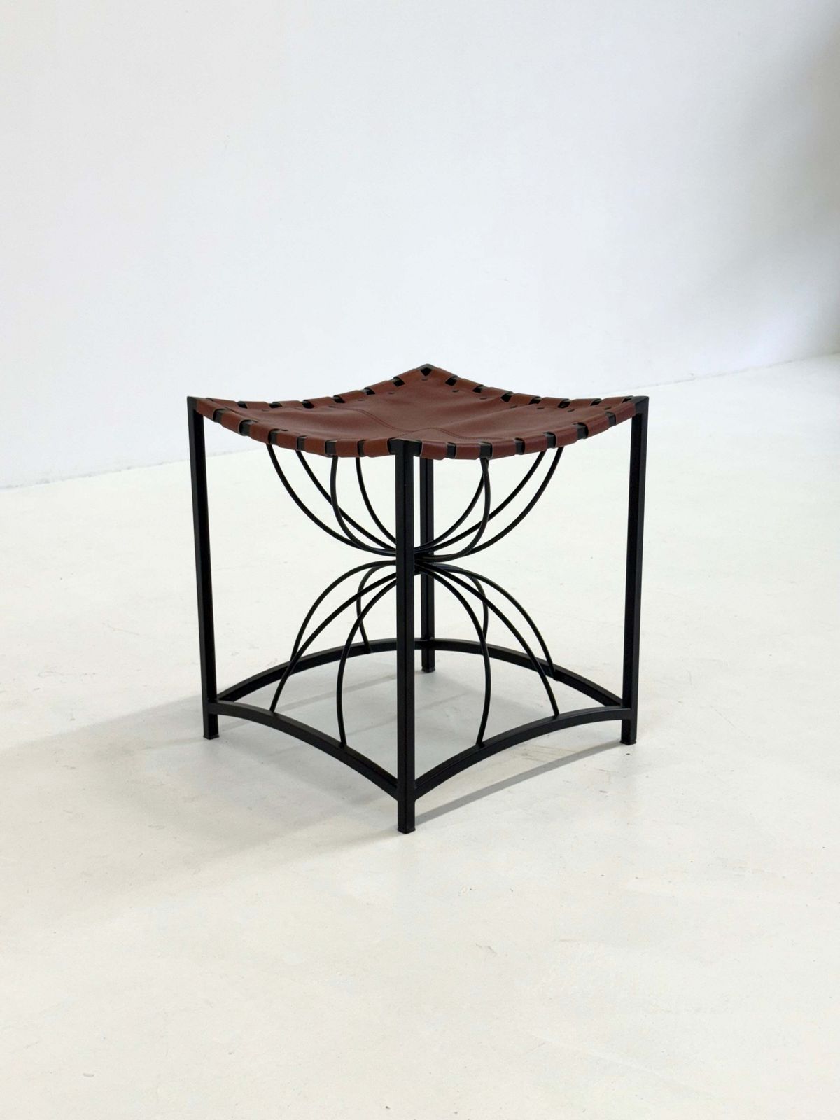 Elegant Vintage French Stool With Black Metal And Brown Leather photo vinterior