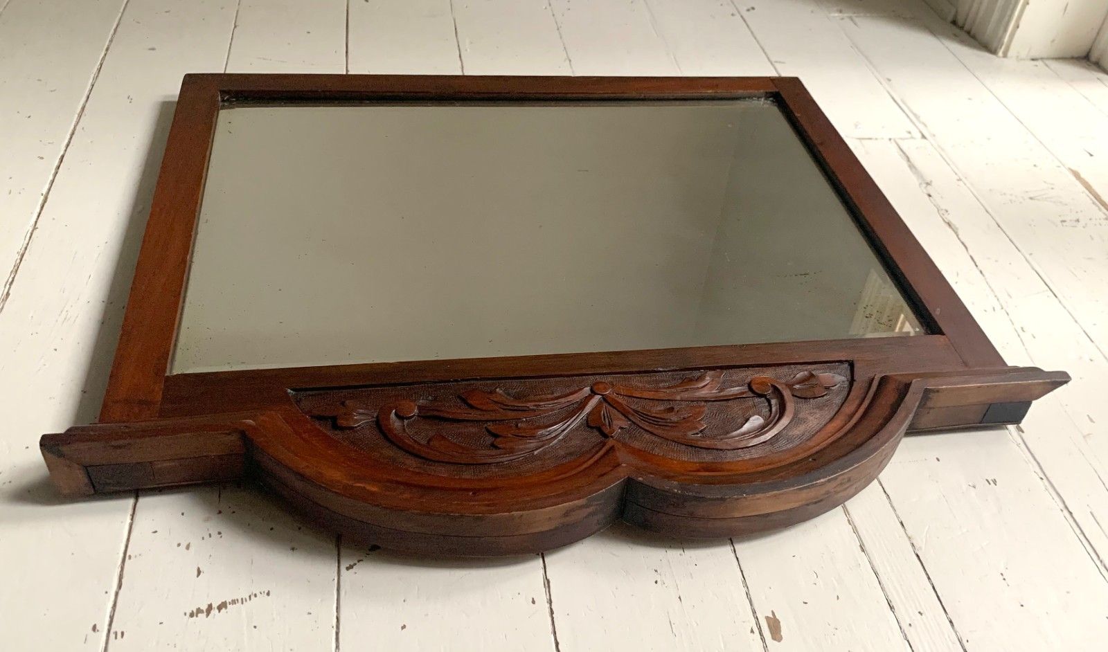 Antique Victorian Mirror W/ Bevelled Glass & Mahogany Frame, Carved Pediment photo for sale