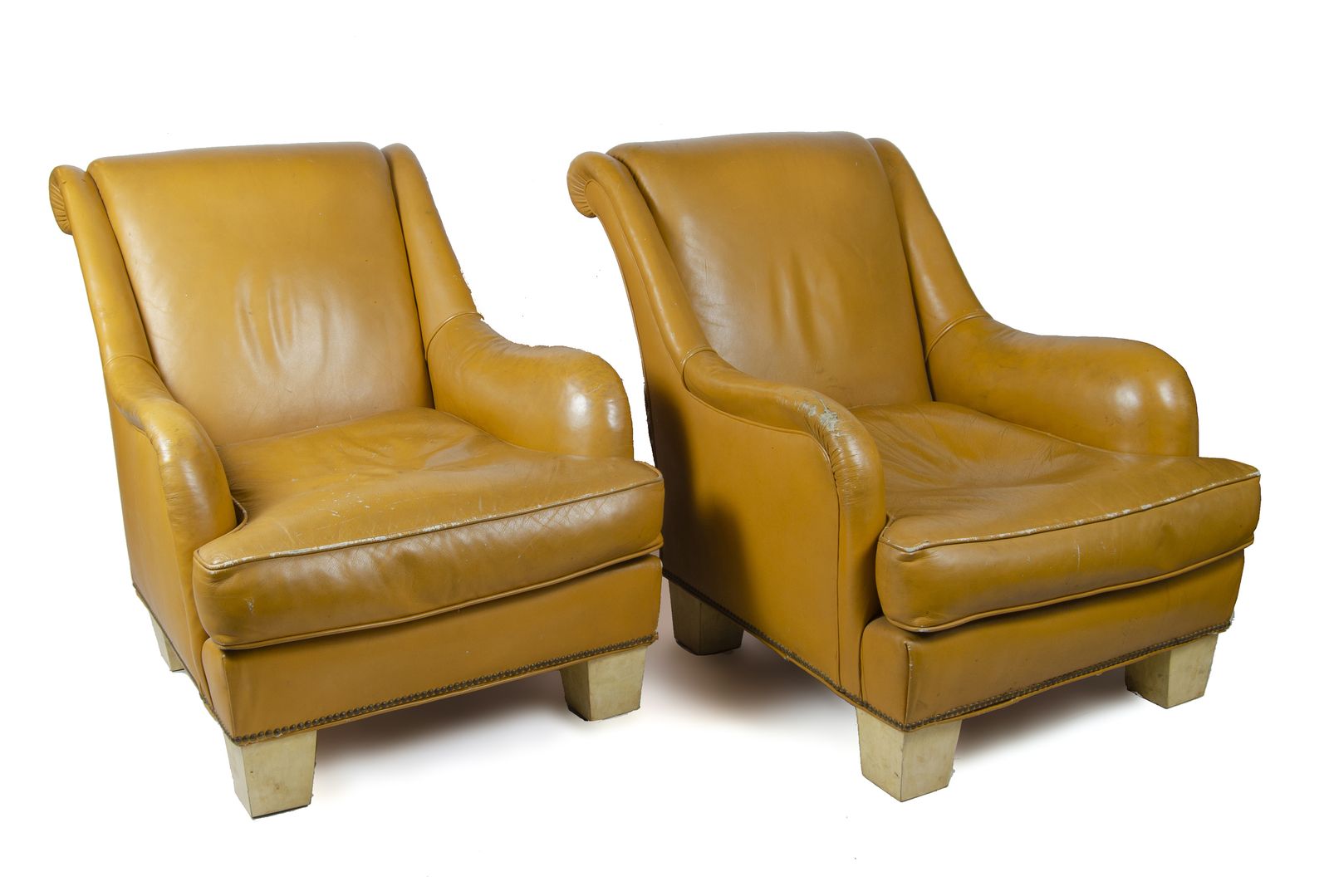 Pair Of 1940s Mid Century Modern Leather Club Chairs With Parchment Paper Covered Wood Legs, France