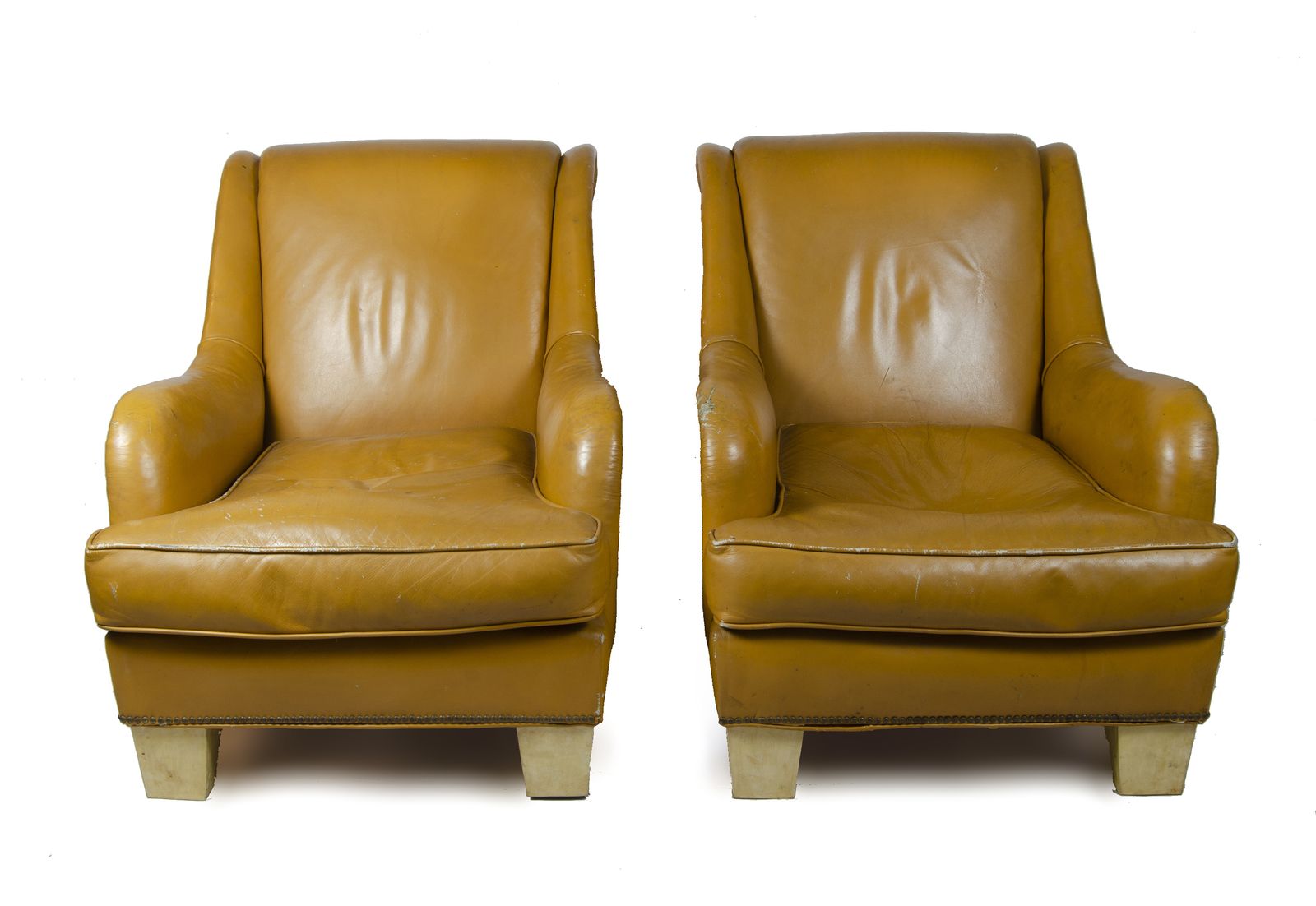 Pair Of 1940s Mid Century Modern Leather Club Chairs With Parchment Paper Covered Wood Legs, France photo furniture