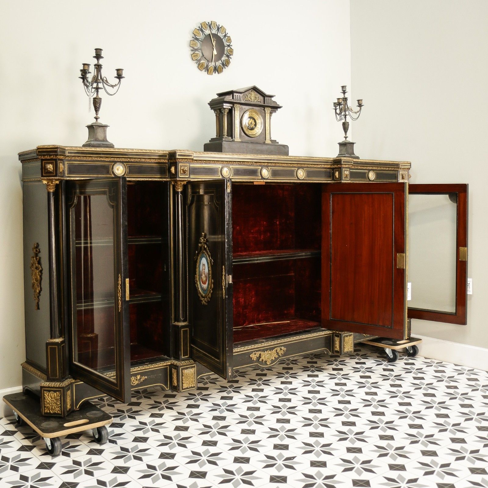 Antique Ebonised And Gilt Brass Credenza 19th Century With Porcelain Plaques photo furniture