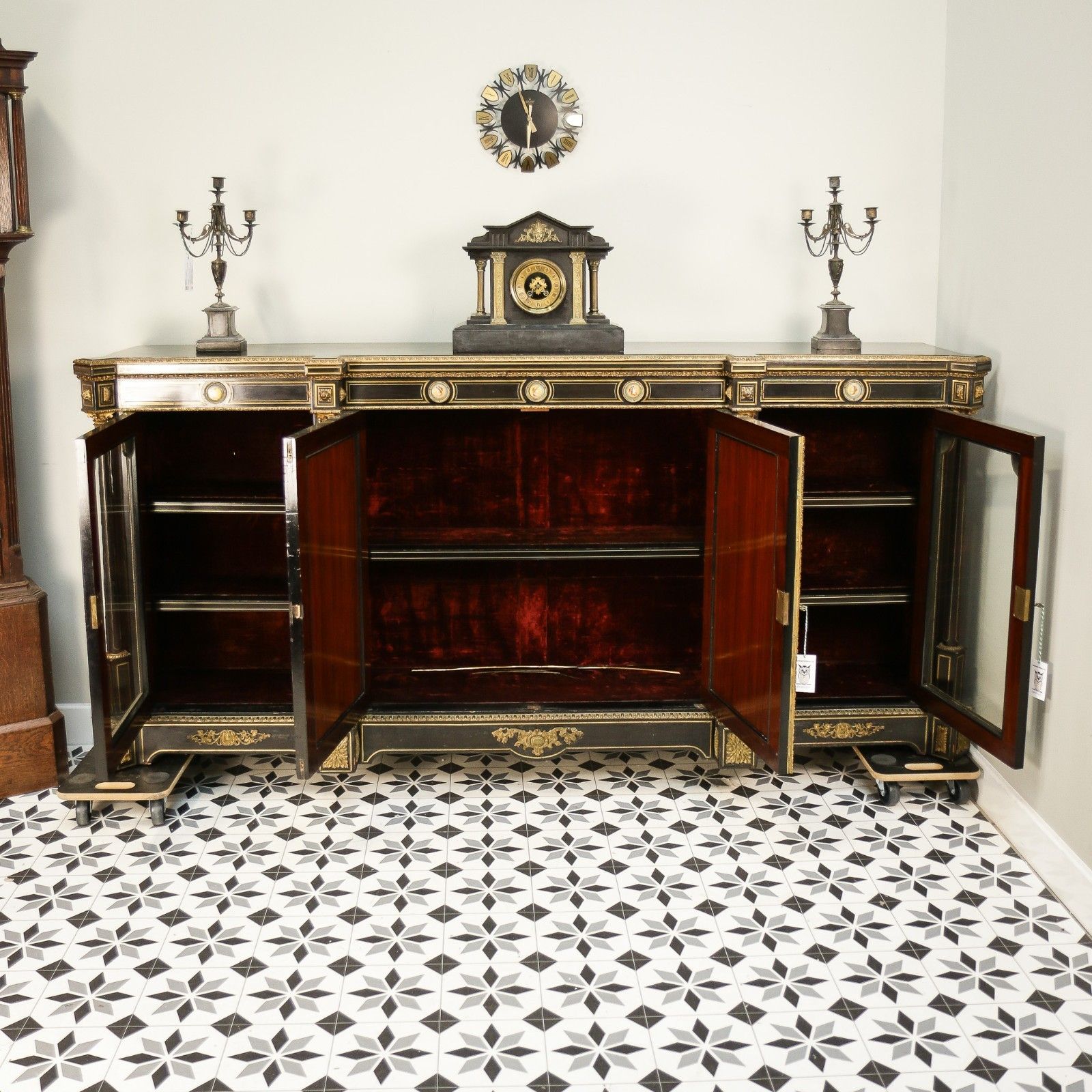 Antique Ebonised And Gilt Brass Credenza 19th Century With Porcelain Plaques photo Furniture