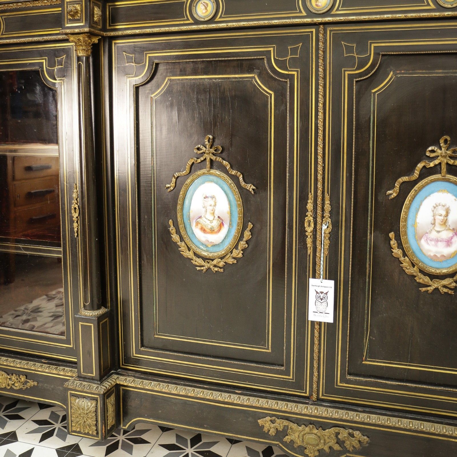 Antique Ebonised And Gilt Brass Credenza 19th Century With Porcelain Plaques photo 2695.0