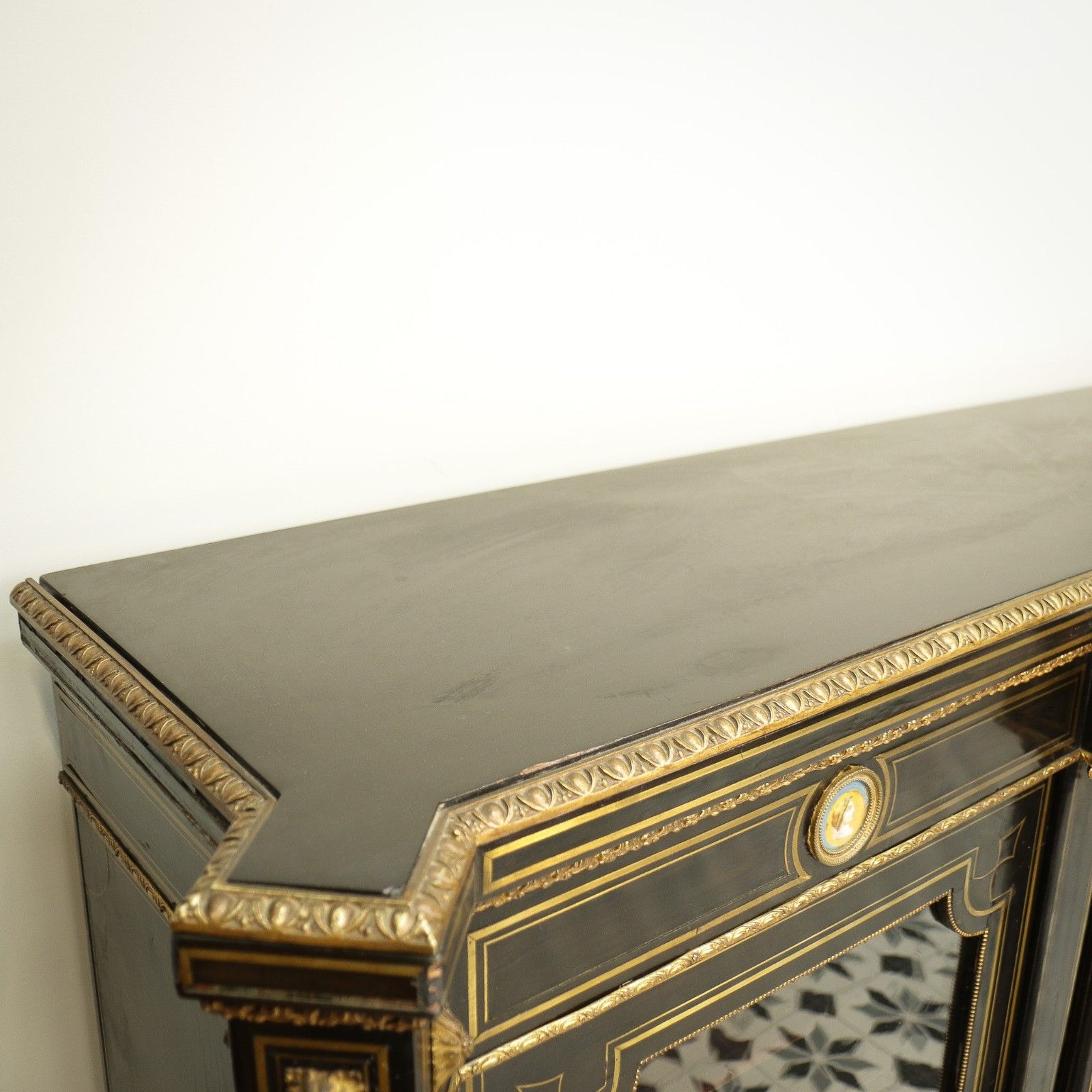 2695.0 Antique Ebonised And Gilt Brass Credenza 19th Century With Porcelain Plaques photo
