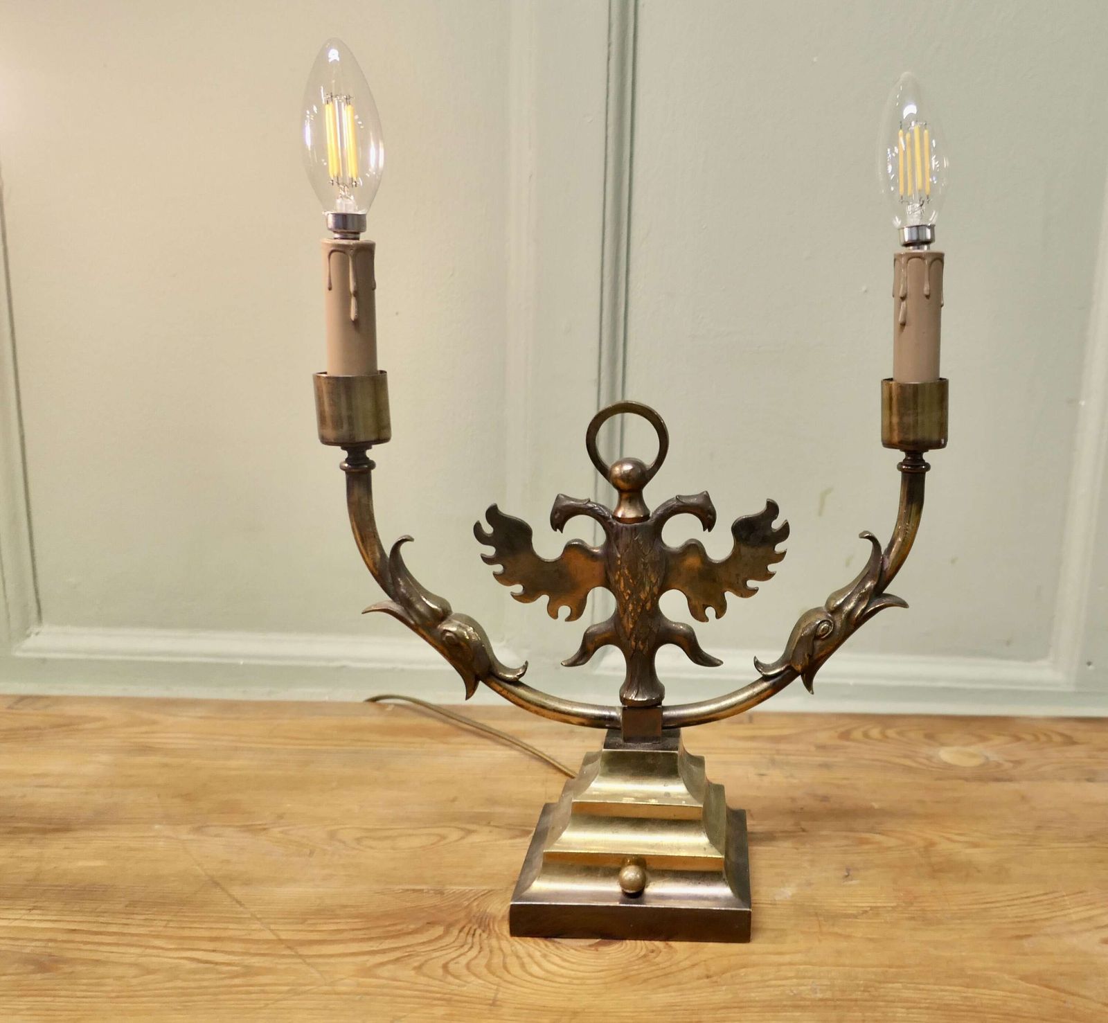 Pair Of Arts And Crafts Gothic Brass Twin Table Lamps These Are Grand Looking Pieces photo for sale