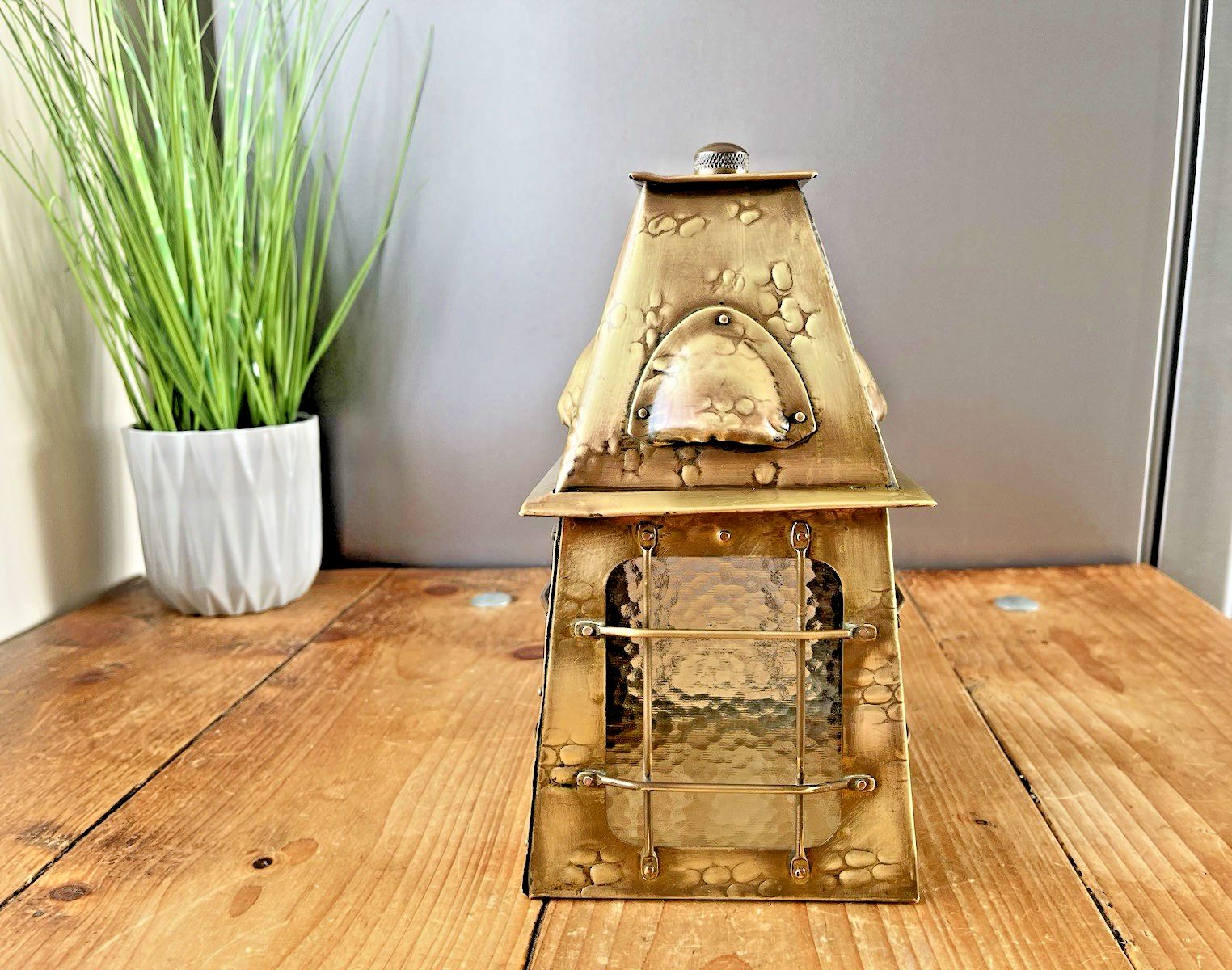 Antique Arts & Crafts Textured Brass & Glass Pendant Lantern Porch Lamp Light photo vinterior