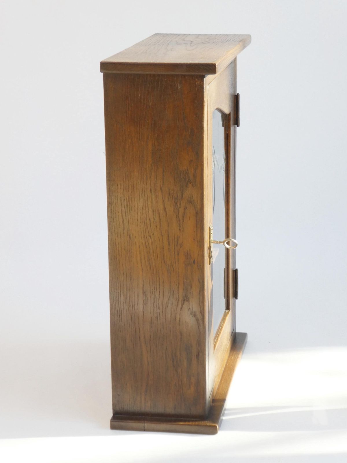 Antique Oak Cabinet With Beveled Glass Door, Art Deco Apothecary With Cut Floral Glass, Medicine Chest With Lock photo vintage