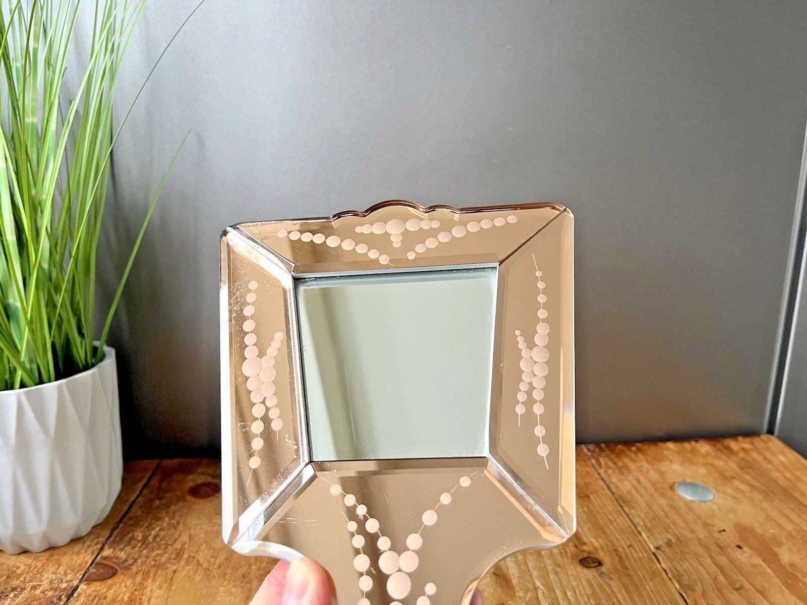 “Vintage Art Deco Style Etched Effect Peach Copper Hand Vanity Mirror Wall Decor photo for sale