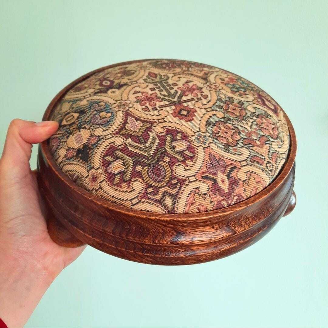 Handcrafted Small Round Footstool With Tapestry Upholstery And Bun Feet, Cottage Core Decor photo 50.0