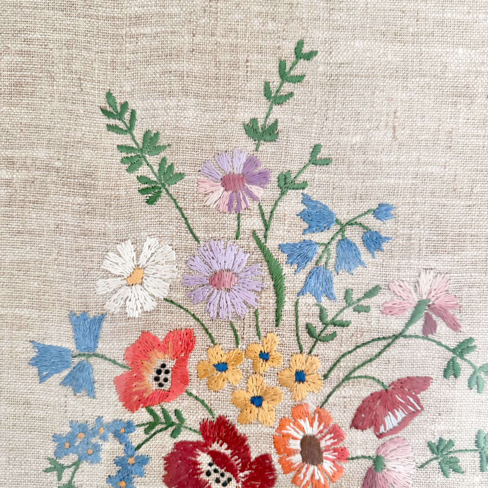 Sweden Year 1954. Vintage Linen Flower Bouquet Embroidery. Framed Behind Glass. photo furniture