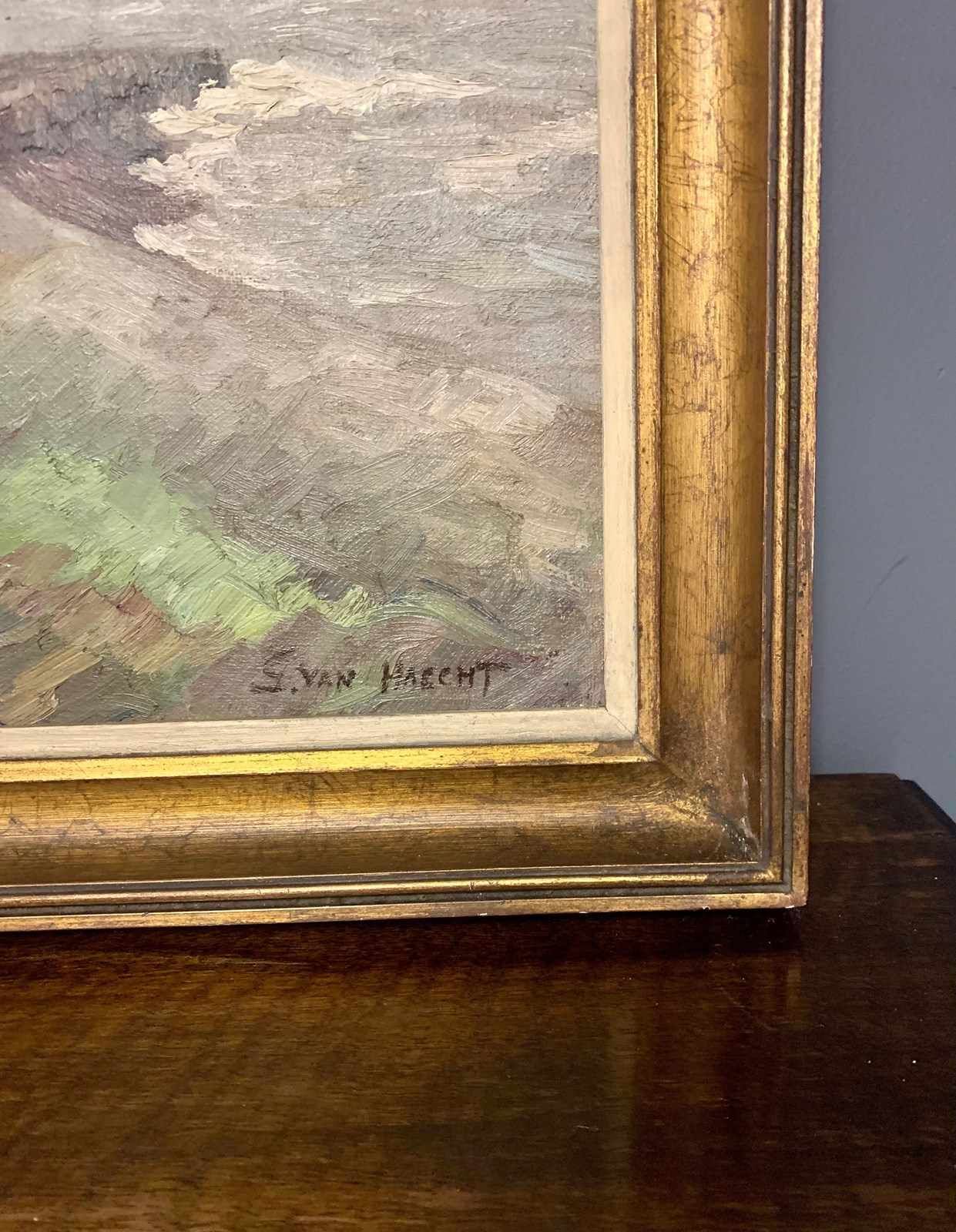 Signed Oil Painting Of Coastal Beach Seascape In Gilt Frame photo vinterior