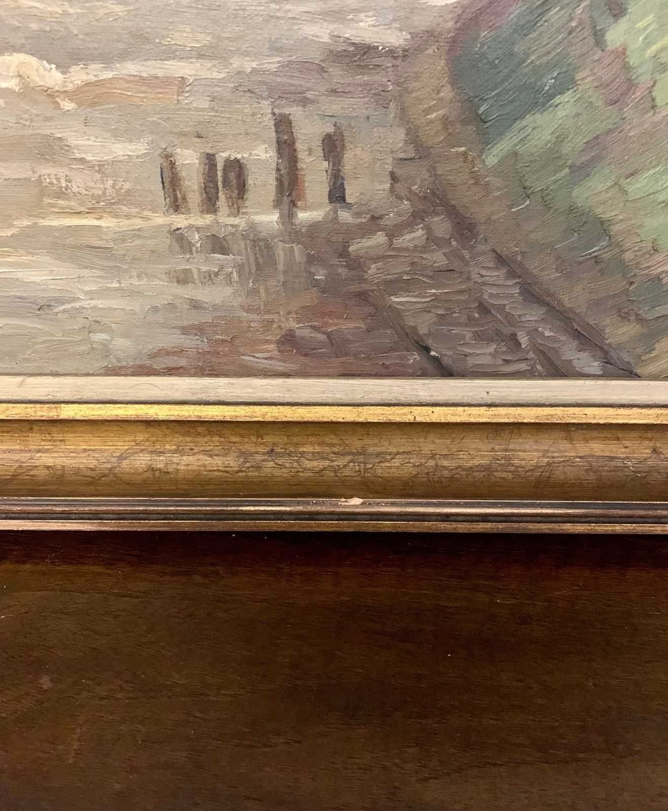 Art Signed Oil Painting Of Coastal Beach Seascape In Gilt Frame photo