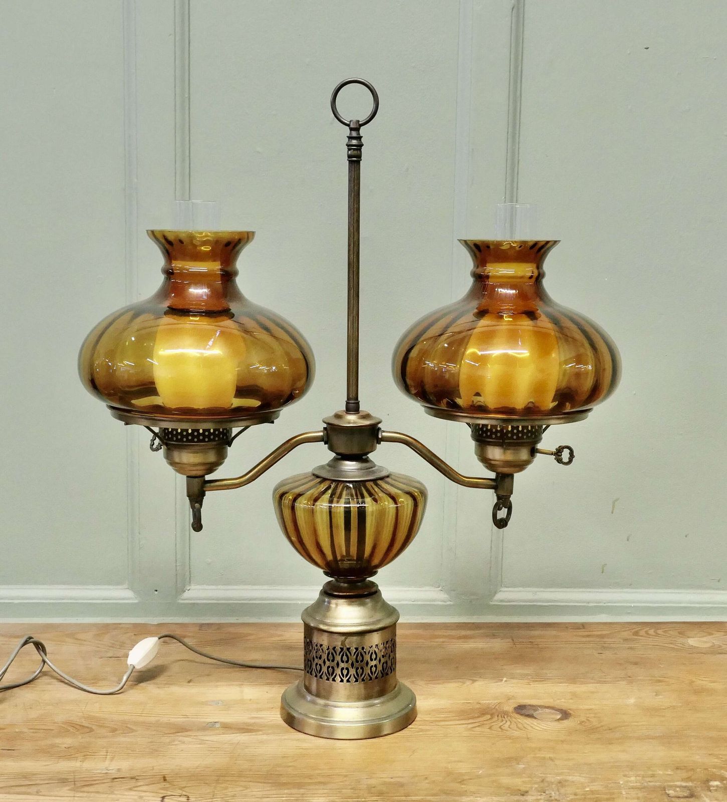 Antique Style Amber Oil Lamp, Twin Brass Table Lamp, This Is A Large Piece photo Lighting