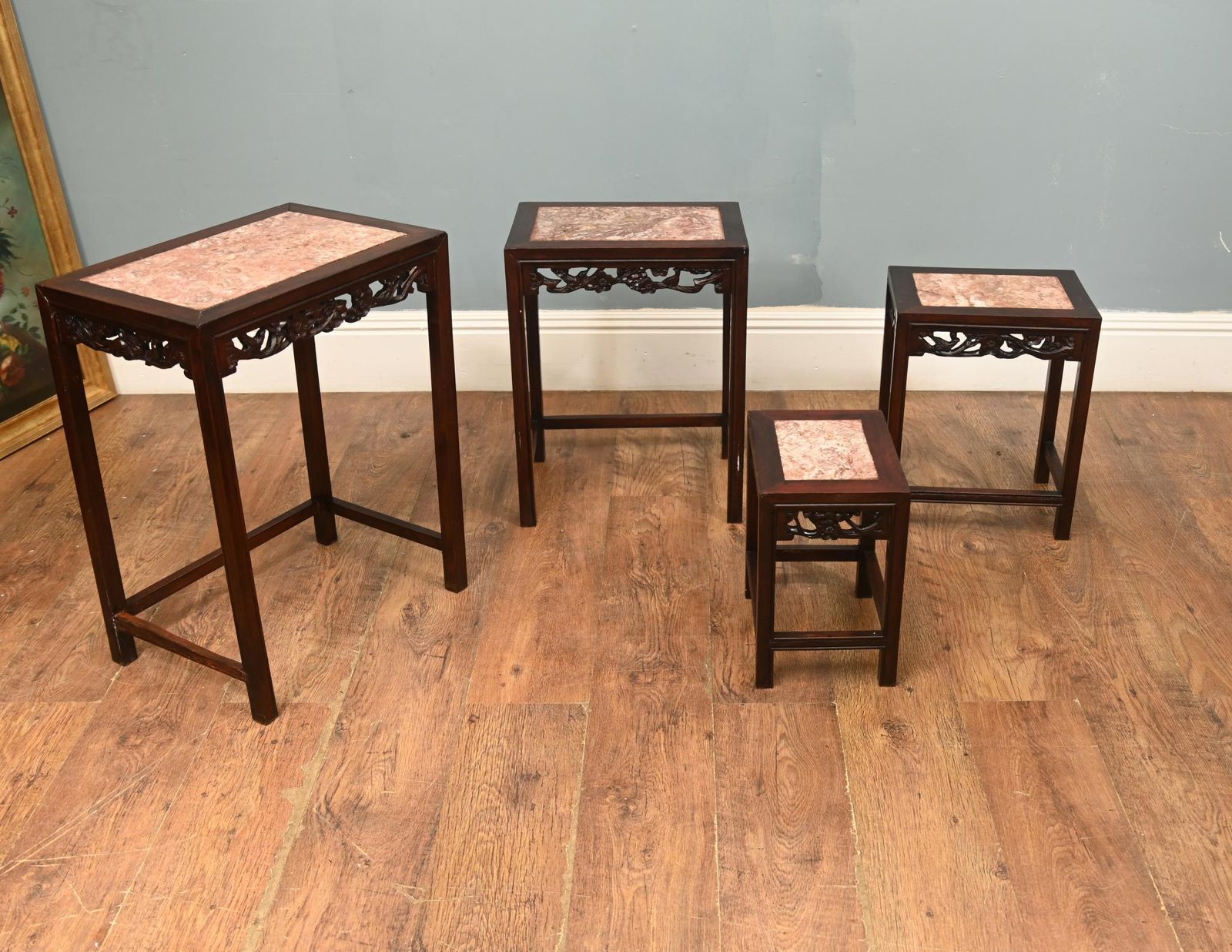 Chinese Hardwood Nest Of Tables Set 4 Marble Tops photo vintage