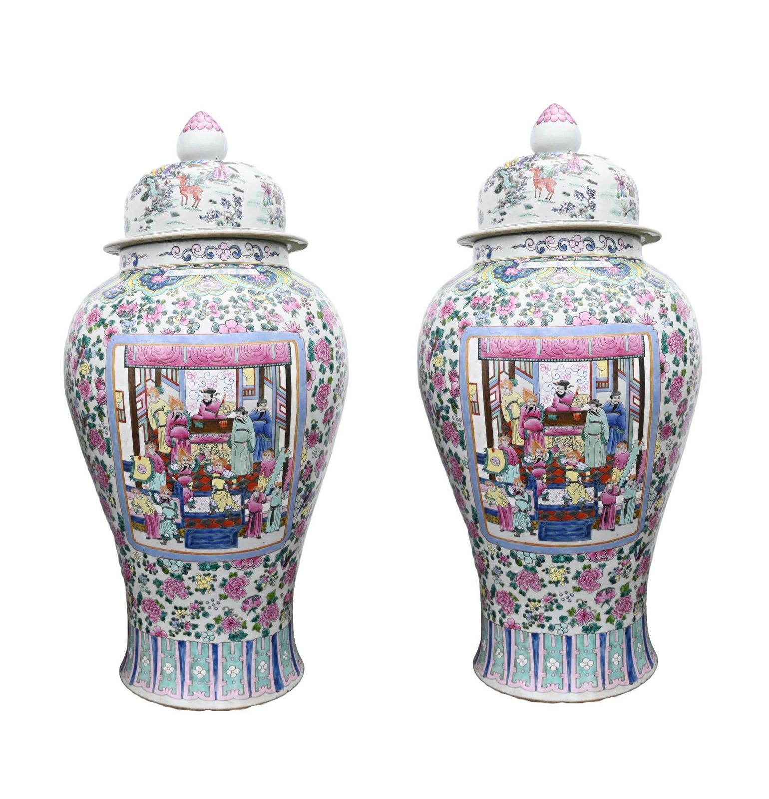 Pair Chinese Famille Rose Urns Canton Lidded Vases 4ft 114 Cm