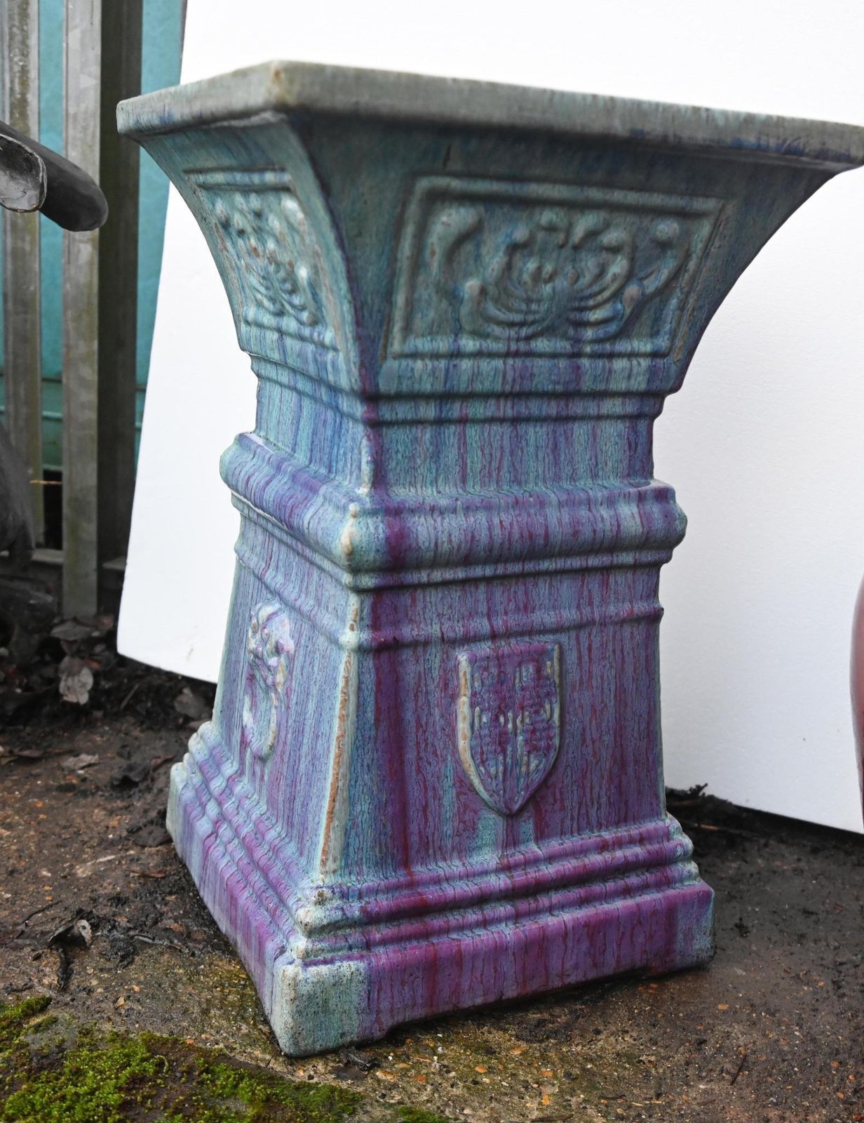 Pair Italian Deruta Garden Pedestals Glazed Ceramic Stands Lion Masks photo vinterior