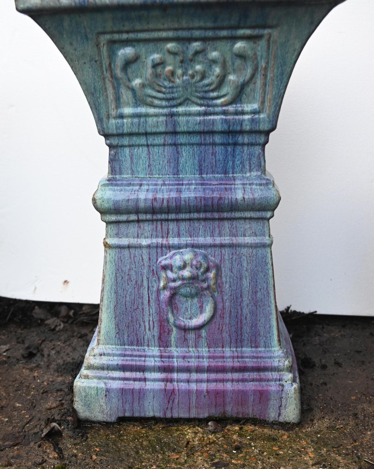 Pair Italian Deruta Garden Pedestals Glazed Ceramic Stands Lion Masks photo buy