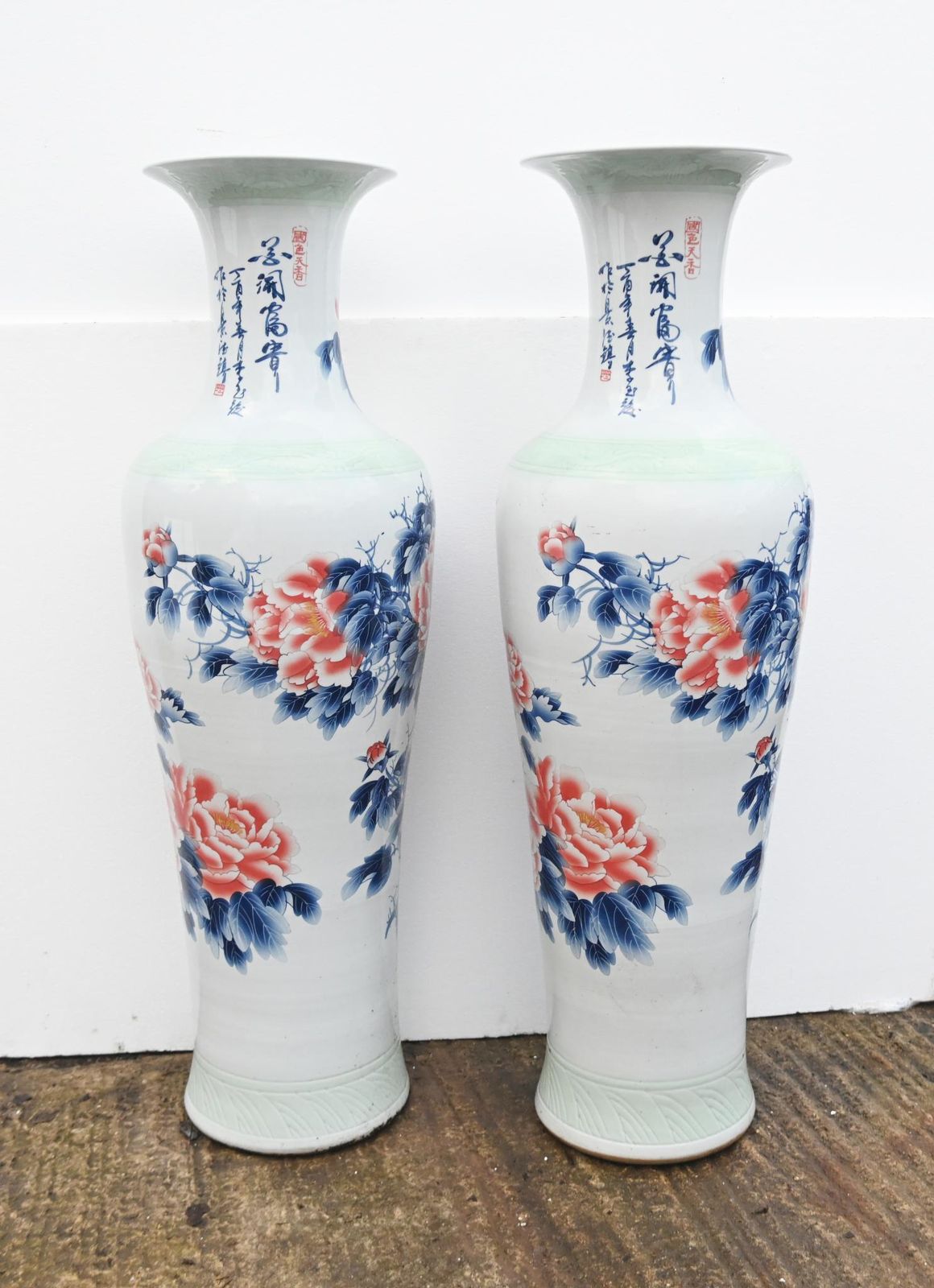 Pair Chinese Kangxi Style Porcelain Vases Temple Urns 5 Ft 143 Cm photo furniture