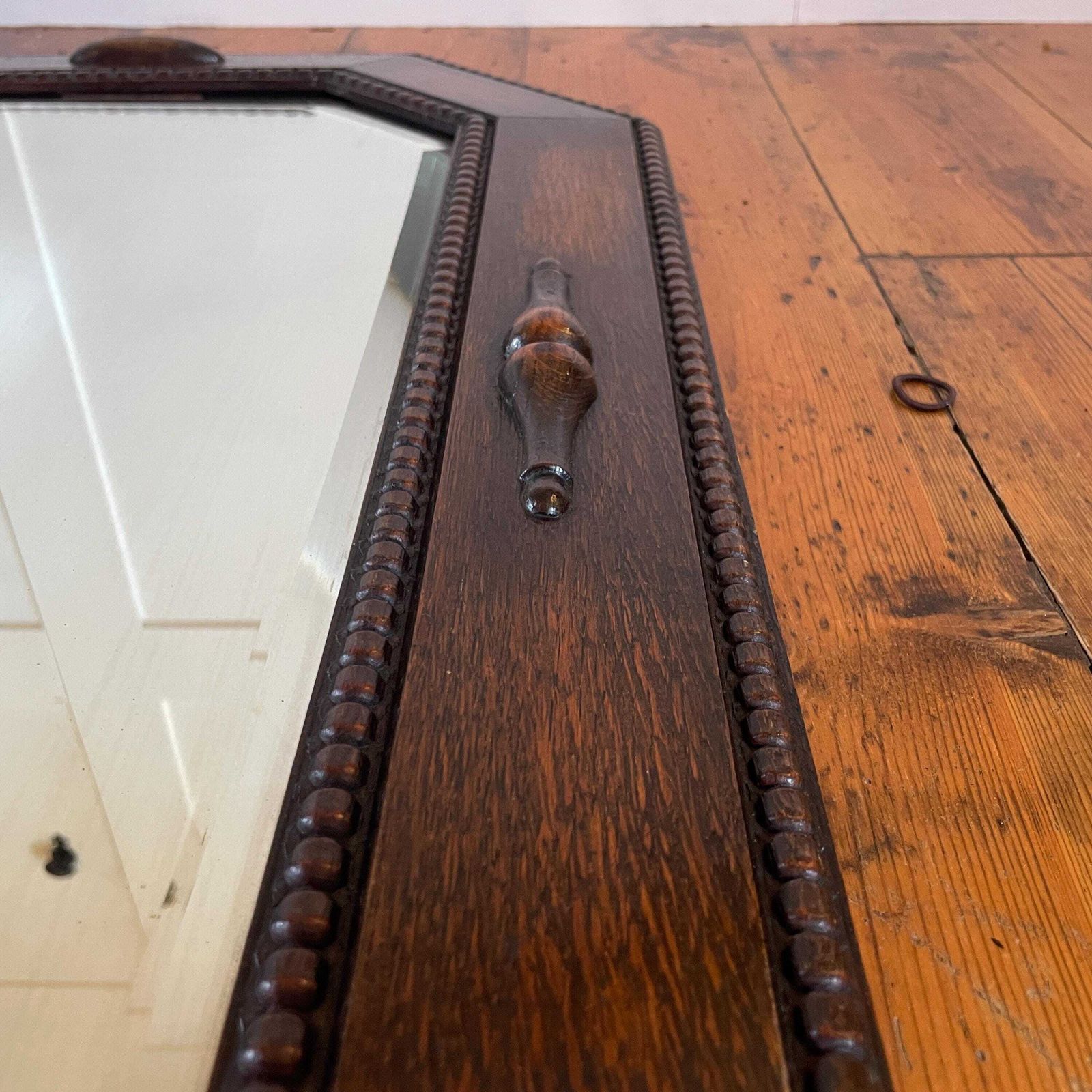 165.0 1930's Antique Oak Bevelled Wall Mirror Octagonal Frame Wood English Arts And Crafts Decorative Mouldings Vintage Early 20th Century Wooden photo