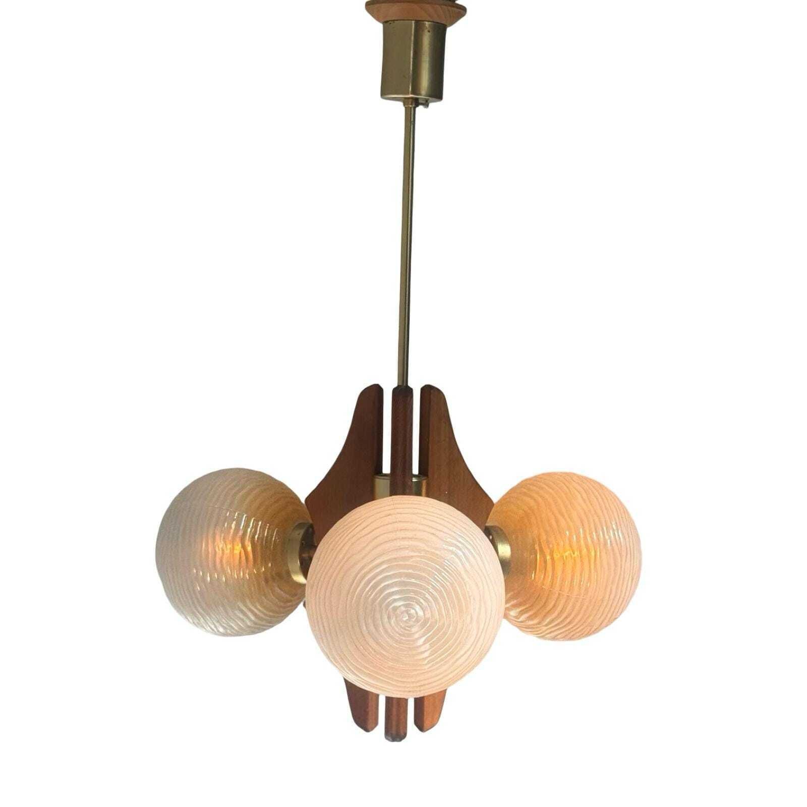 Hanging Pendant   Model Sputnik   Wooden Base, Brass Details And Three Glass Domes   Mcm / Space Age Design