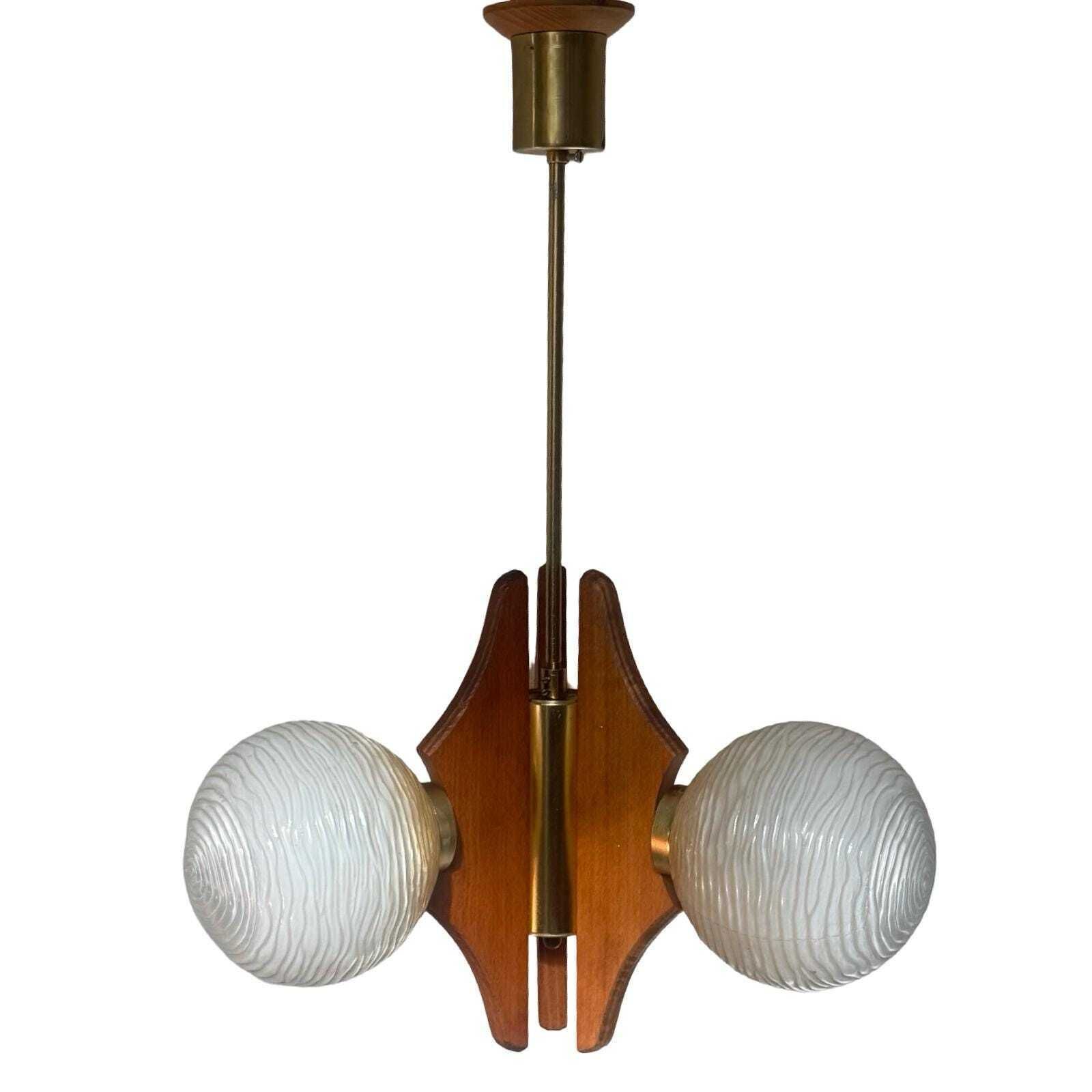 Hanging Pendant   Model Sputnik   Wooden Base, Brass Details And Three Glass Domes   Mcm / Space Age Design photo Lighting