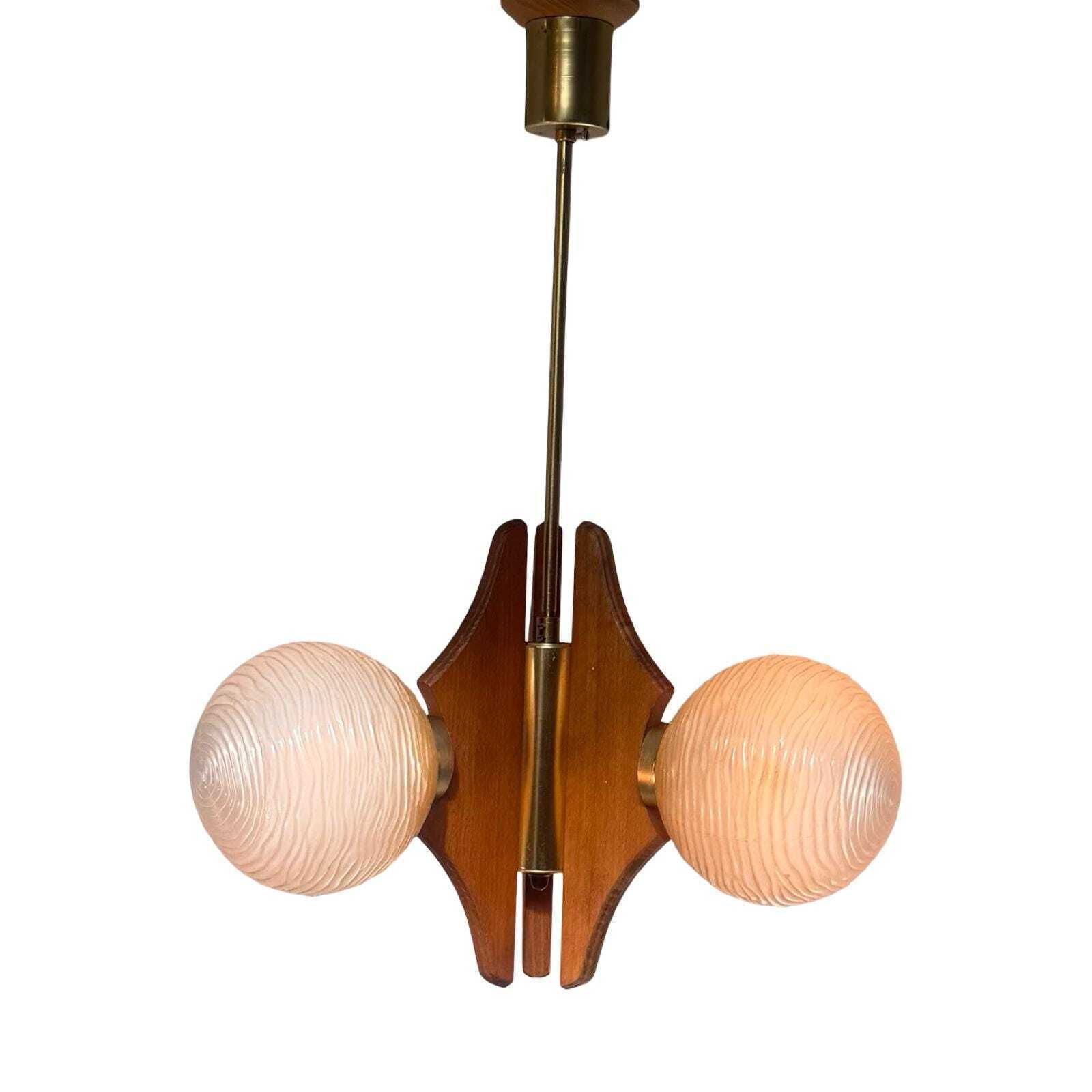 Hanging Pendant   Model Sputnik   Wooden Base, Brass Details And Three Glass Domes   Mcm / Space Age Design photo vinterior