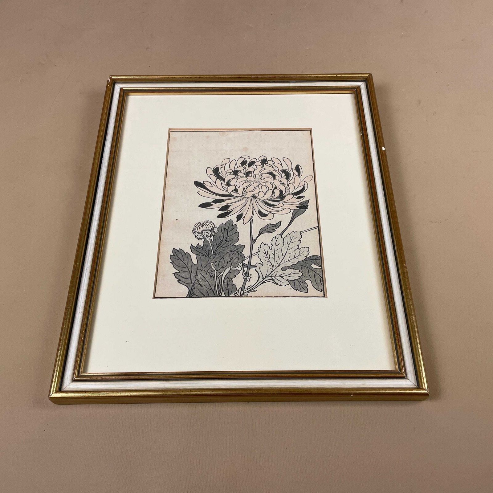 Set Of 3 Antique Japanese Block Printed Paper Pictures Oriental Artwork Floral Art Wall Hanging Wood Frame Vintage Picture Traditional Gold photo for sale