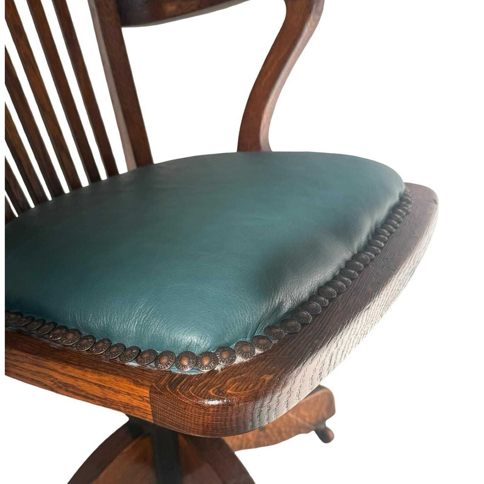 Bent Wood Captains Chair   Mounted On A Swiveling Base   Green Seat, Cast Iron Base photo vintage