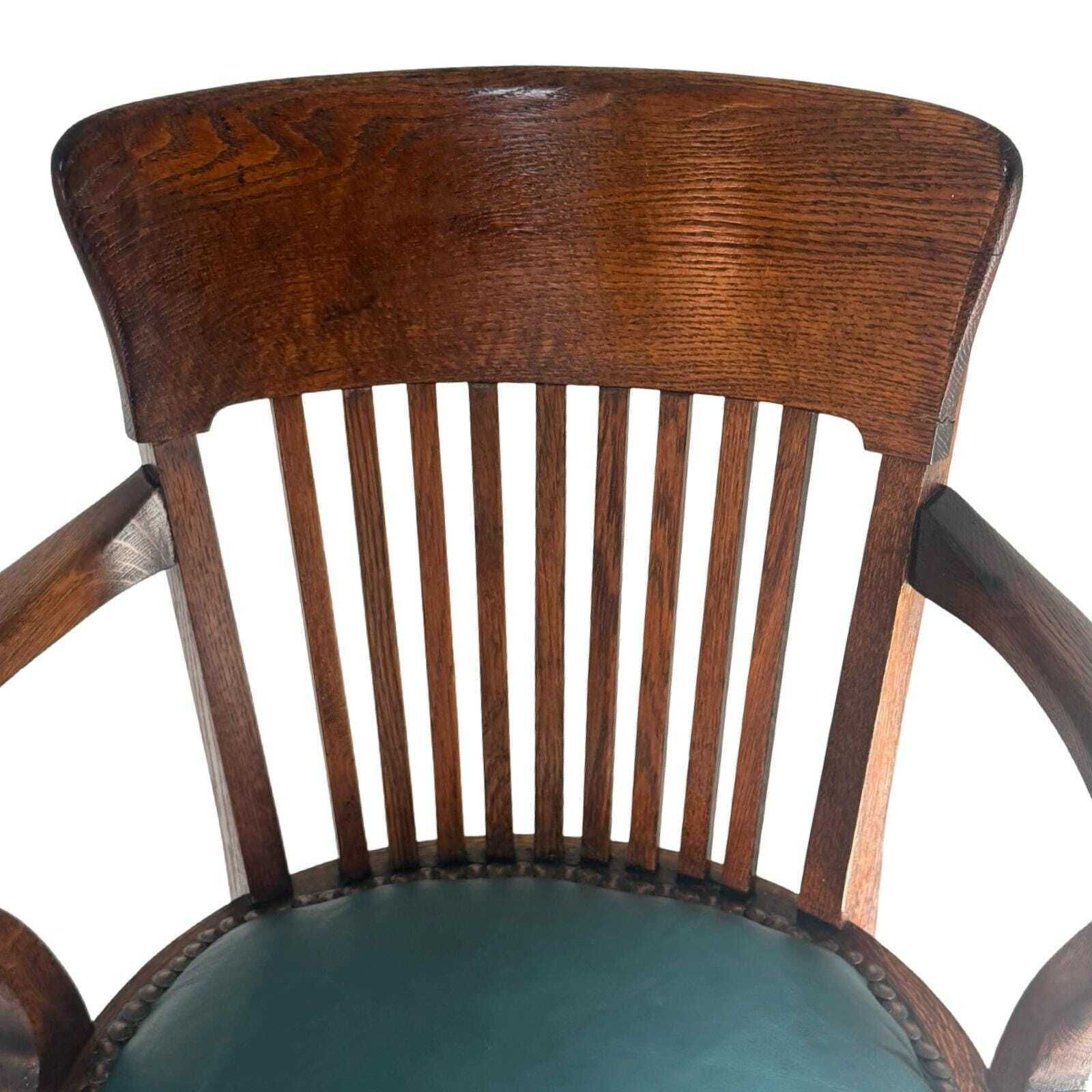 photo for sale Bent Wood Captains Chair   Mounted On A Swiveling Base   Green Seat, Cast Iron Base