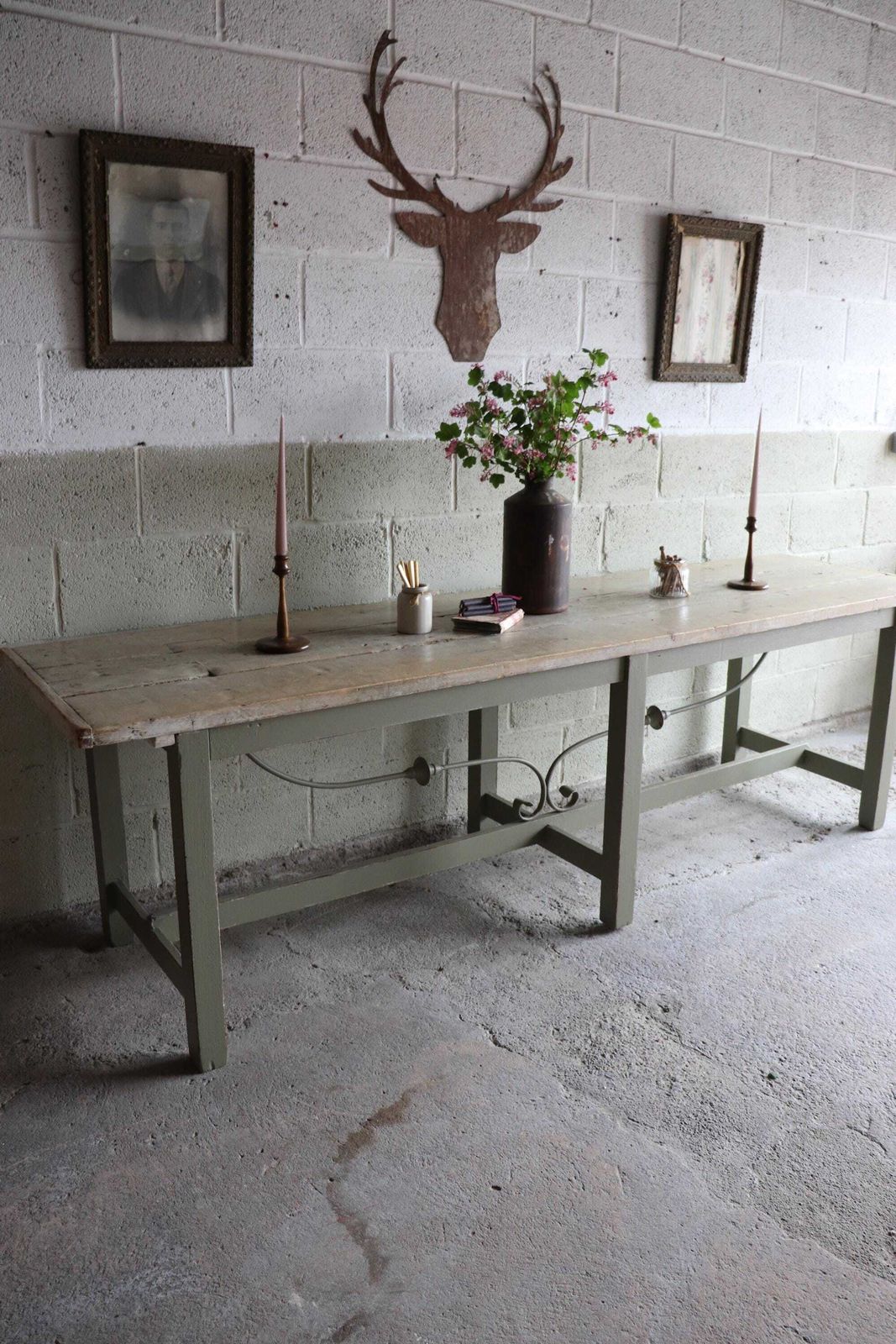 Fabulous 8 1/2 Ft Long Rustic Refectory Table With Plank Top And Ornate Swag Base photo furniture