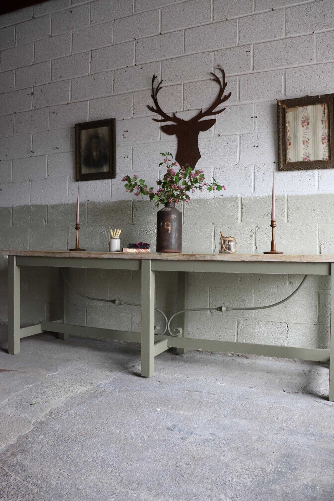 photo furniture Fabulous 8 1/2 Ft Long Rustic Refectory Table With Plank Top And Ornate Swag Base
