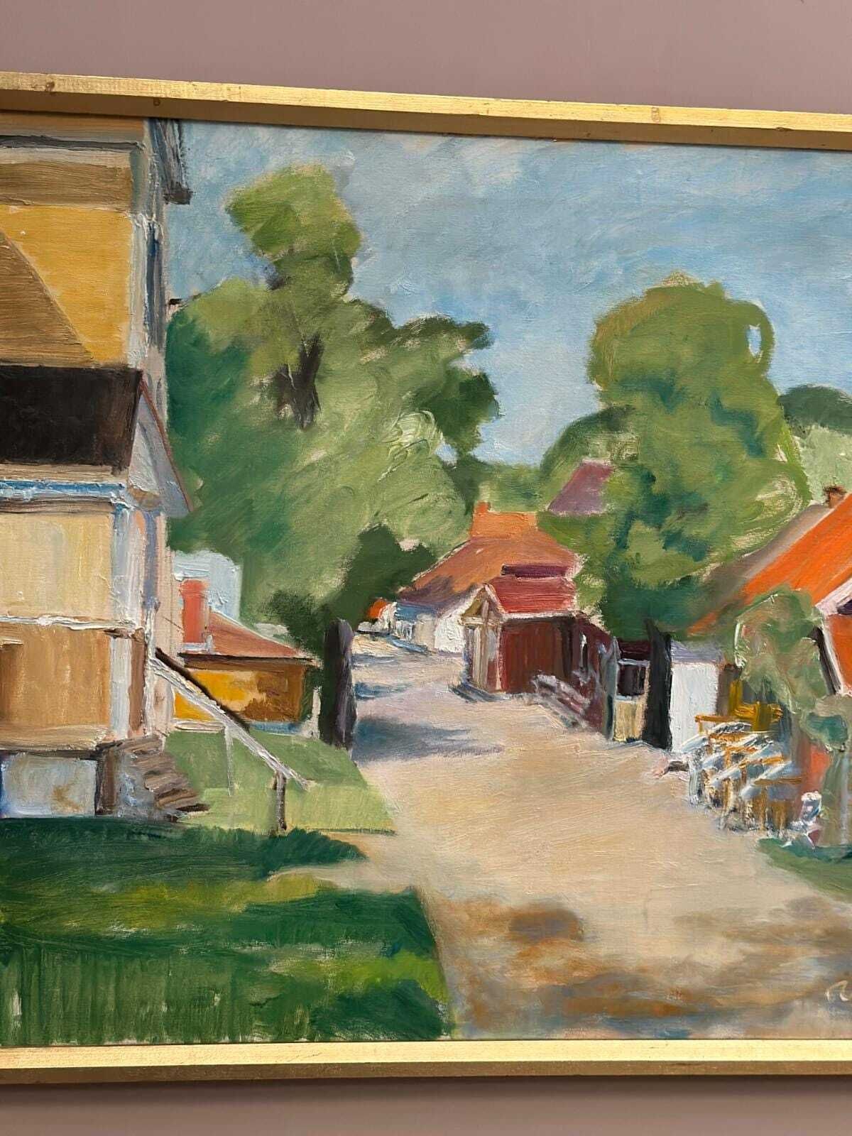 Art Original Swedish Oil On Canvas – Street With Houses And Trees By Ulfe – Dated 1982 – Vintage & Framed 65 × 75 Cm (25.6" × 29.5") photo